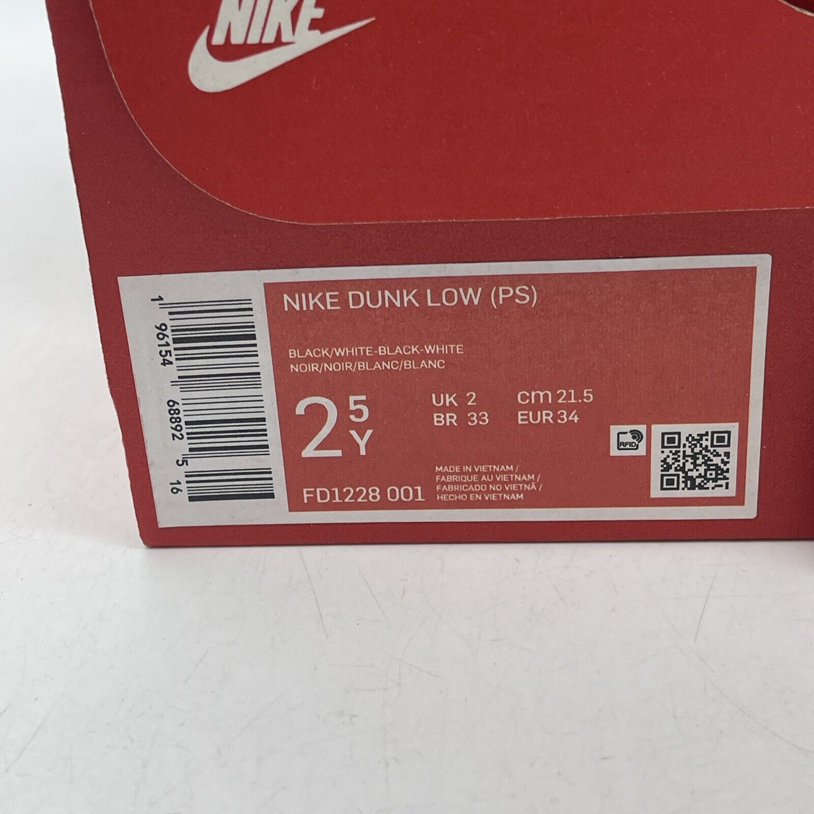 Size 2.5Y - Nike Dunk Low Black Panda 2.0 White Leather (FD1228-001)