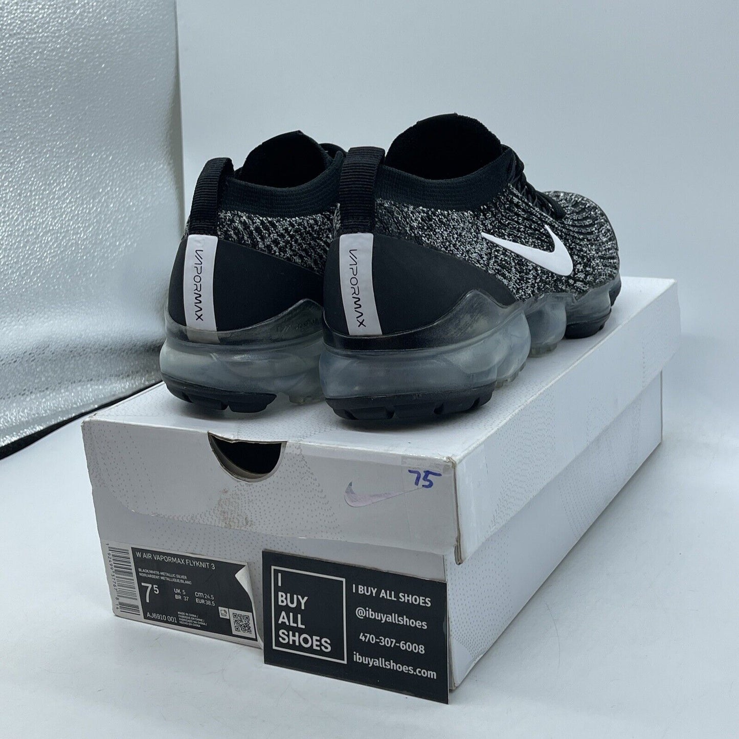 Size 7.5W - Nike Air VaporMax Flyknit 3 Oreo Black White Suede (AJ6910-001)
