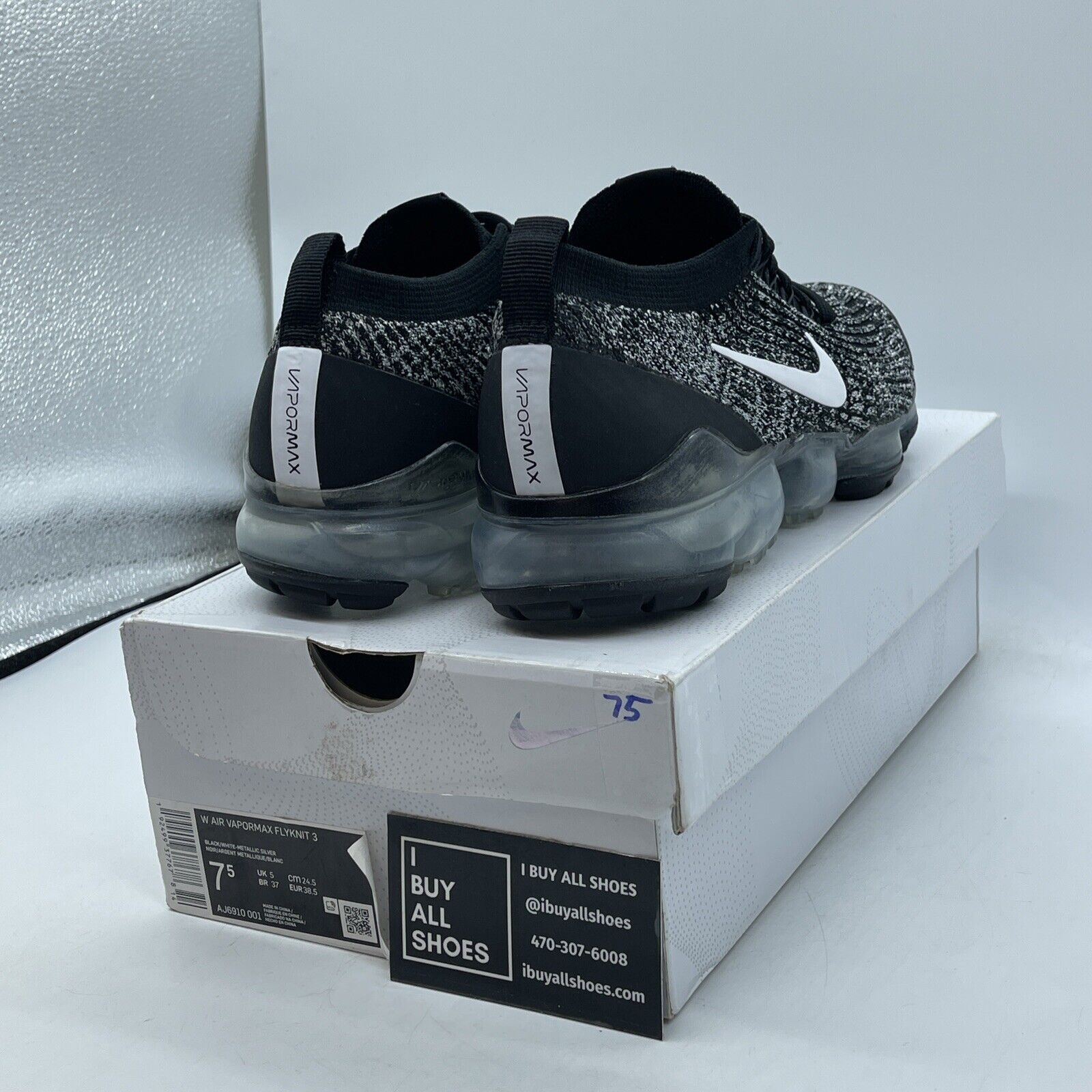 Size 7.5W - Nike Air VaporMax Flyknit 3 Oreo Black White Suede (AJ6910-001)