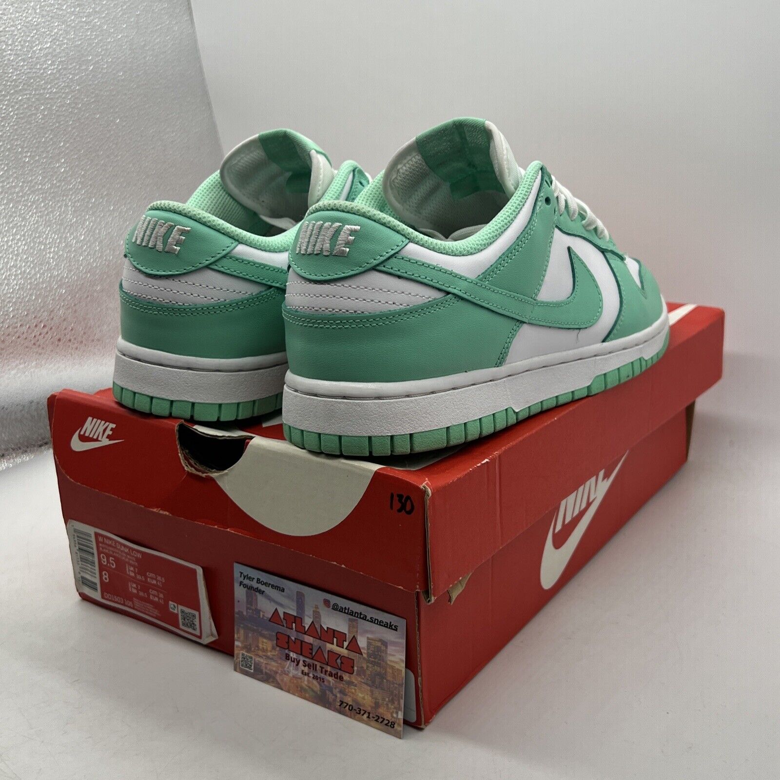 Size 9.5 - Nike Dunk Low Green Glow W White Leather Aqua