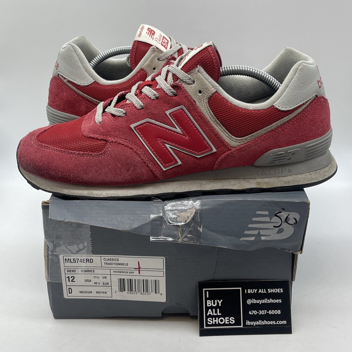 Size 12 - New Balance 574 Red Grey Suede Leather  (ML574ERD)