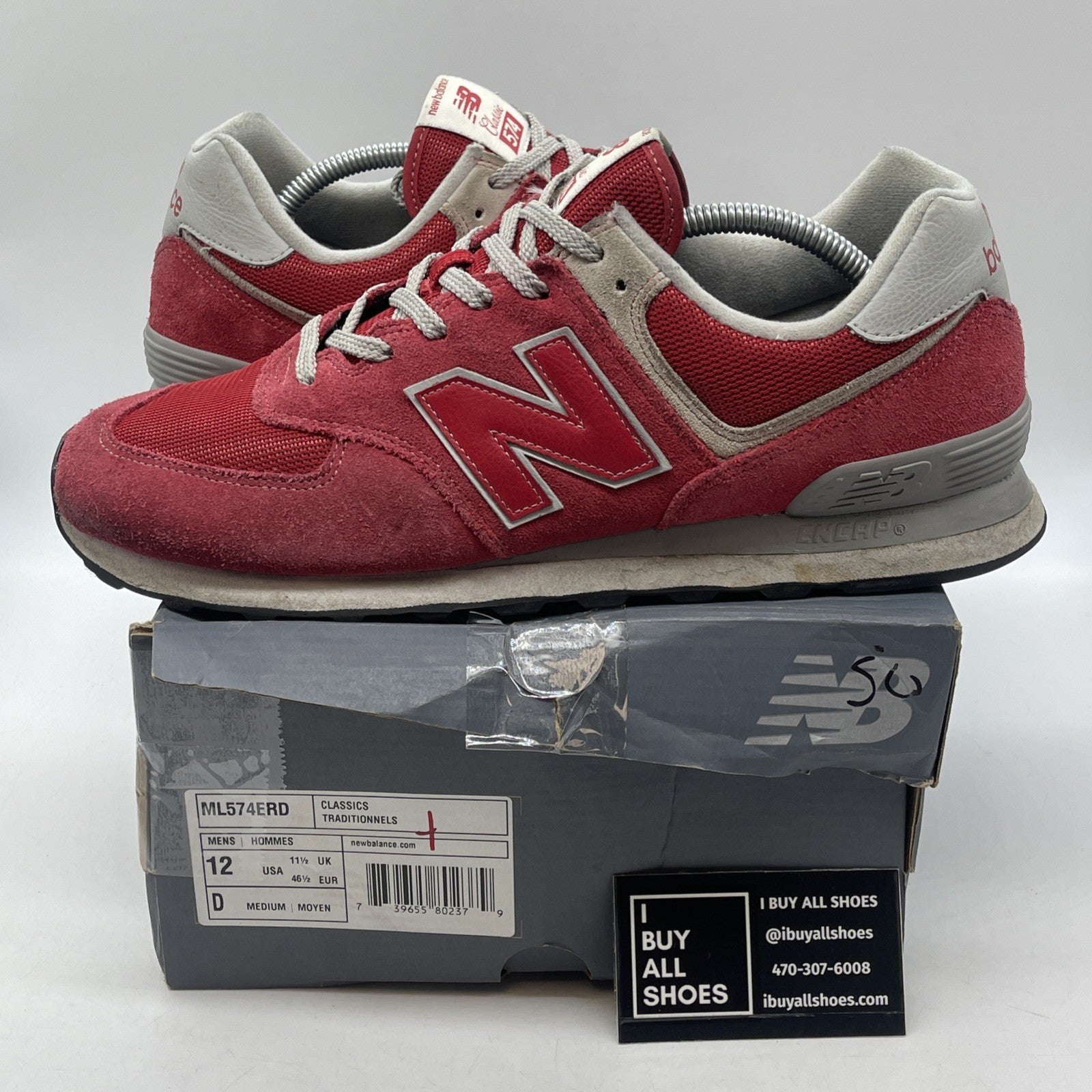 Size 12 - New Balance 574 Red Grey Suede Leather  (ML574ERD)