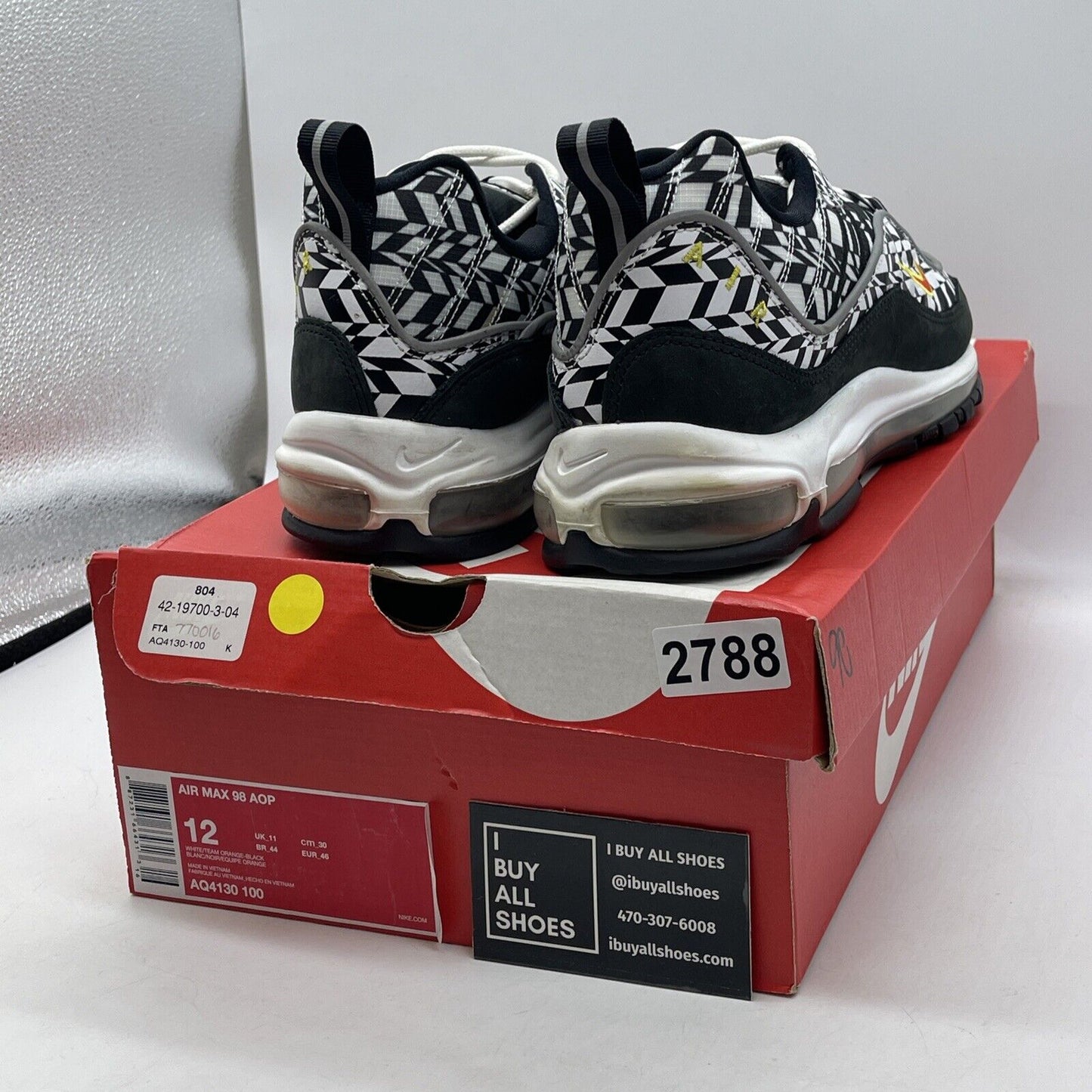 Size 12 - Nike Air Max 98 All Over Print Black White Suede Leather (AQ4130-100(