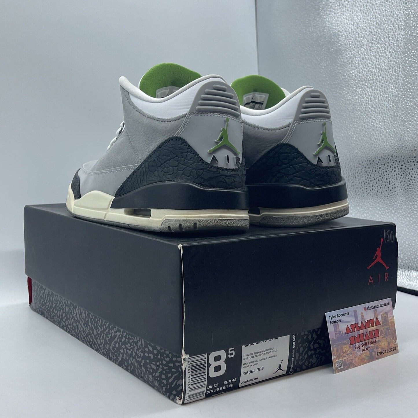 Size 8.5 - Air Jordan 3 Retro Chlorophyll White Black Gray Green (136064-006)