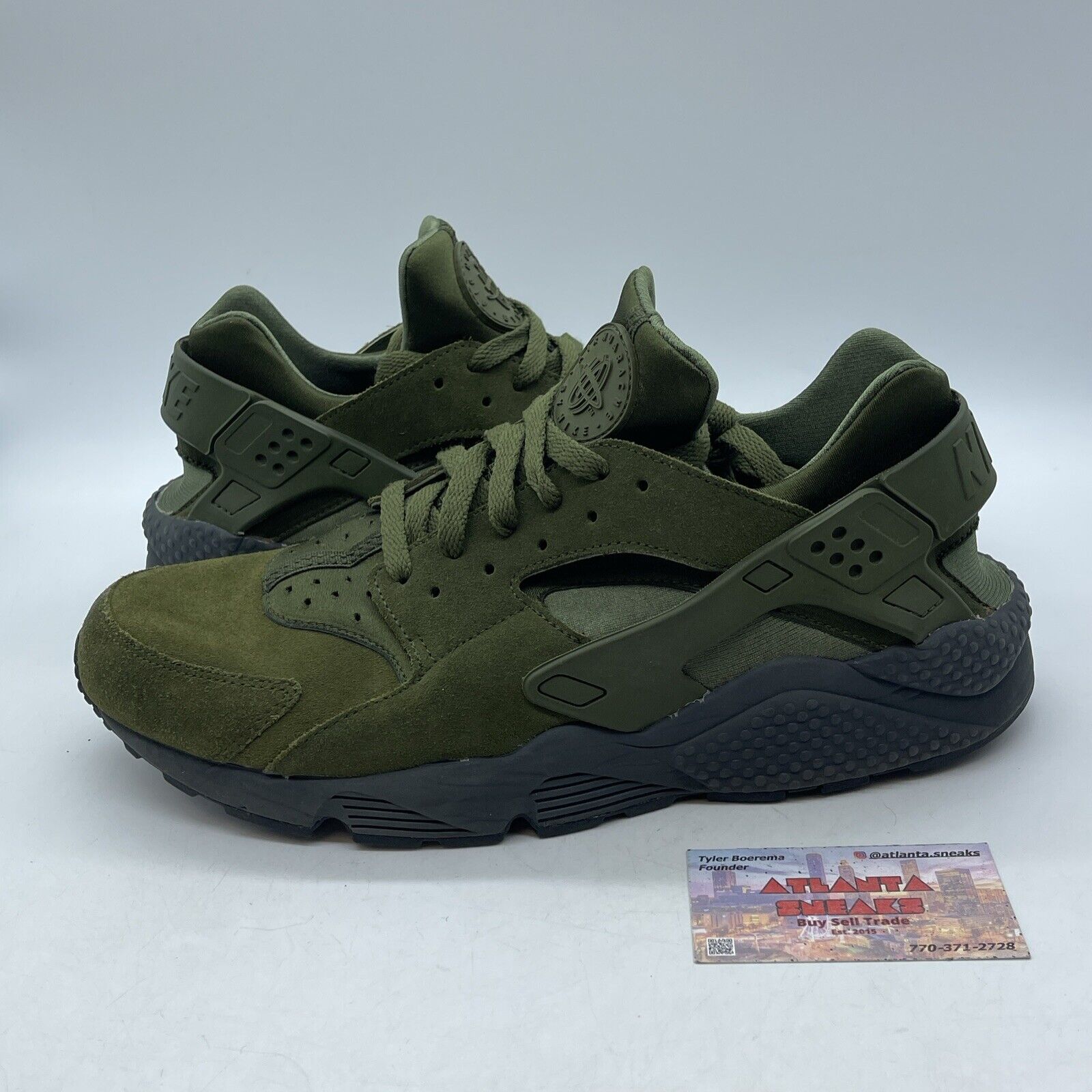 Size 13- Nike Air Huarache SE Legion Green Suede Black Leather (852628-301)