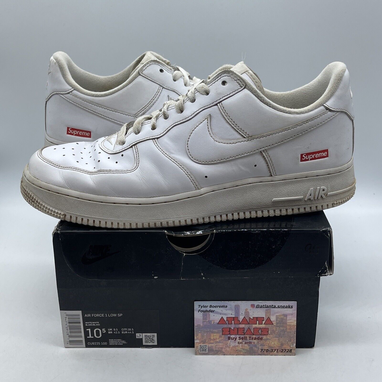 Size 10.5 - Nike Air Force 1 x Supreme Low Box Logo - White Leather (CU9225-100)