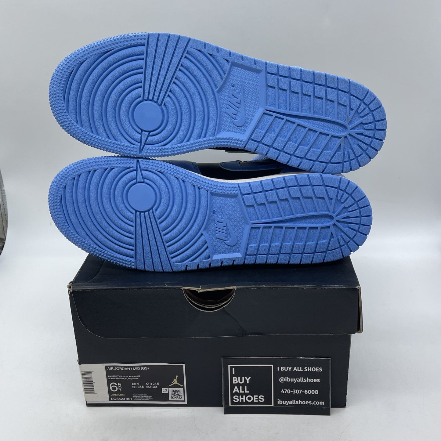 Size 6.5Y (GS) - Air Jordan 1 Mid University Blue Black Leather (DQ8423-401)