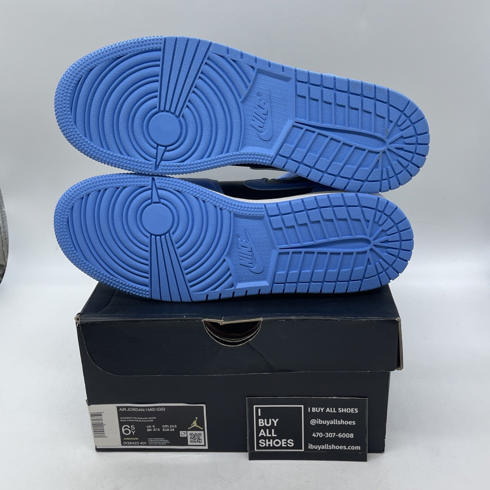 Size 6.5Y (GS) - Air Jordan 1 Mid University Blue Black Leather (DQ8423-401)