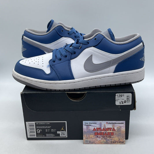 Size 9.5 - Jordan 1 Low True Blue Cement Silver White Leather (553558-412)