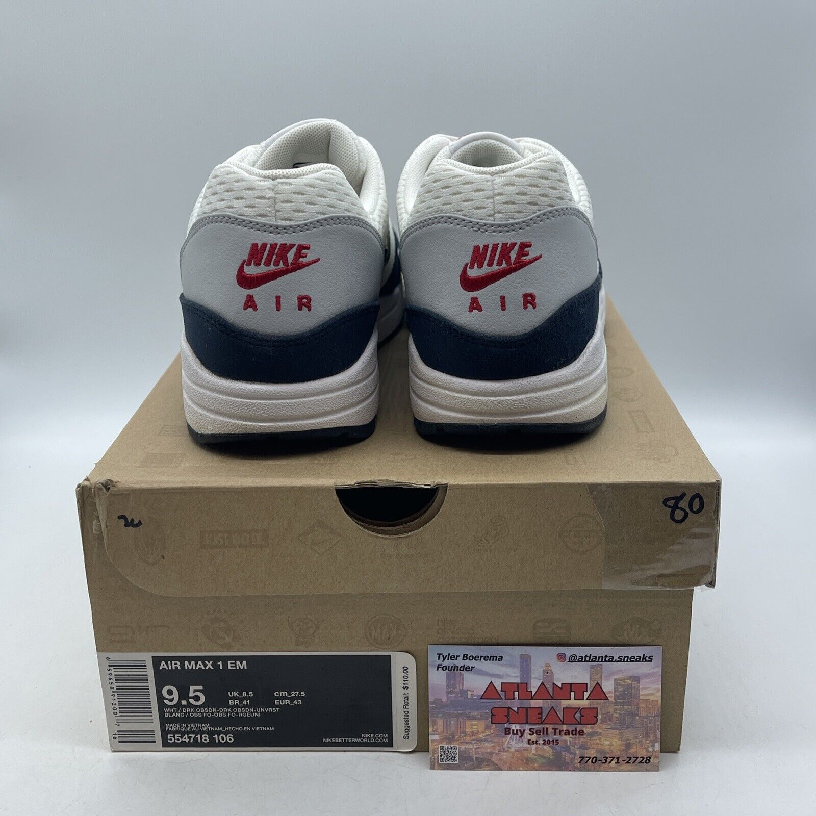Size 9.5 - Nike Air Max 1 EM 'Dark Obsidian White Blue Grey Suede (554718-106)