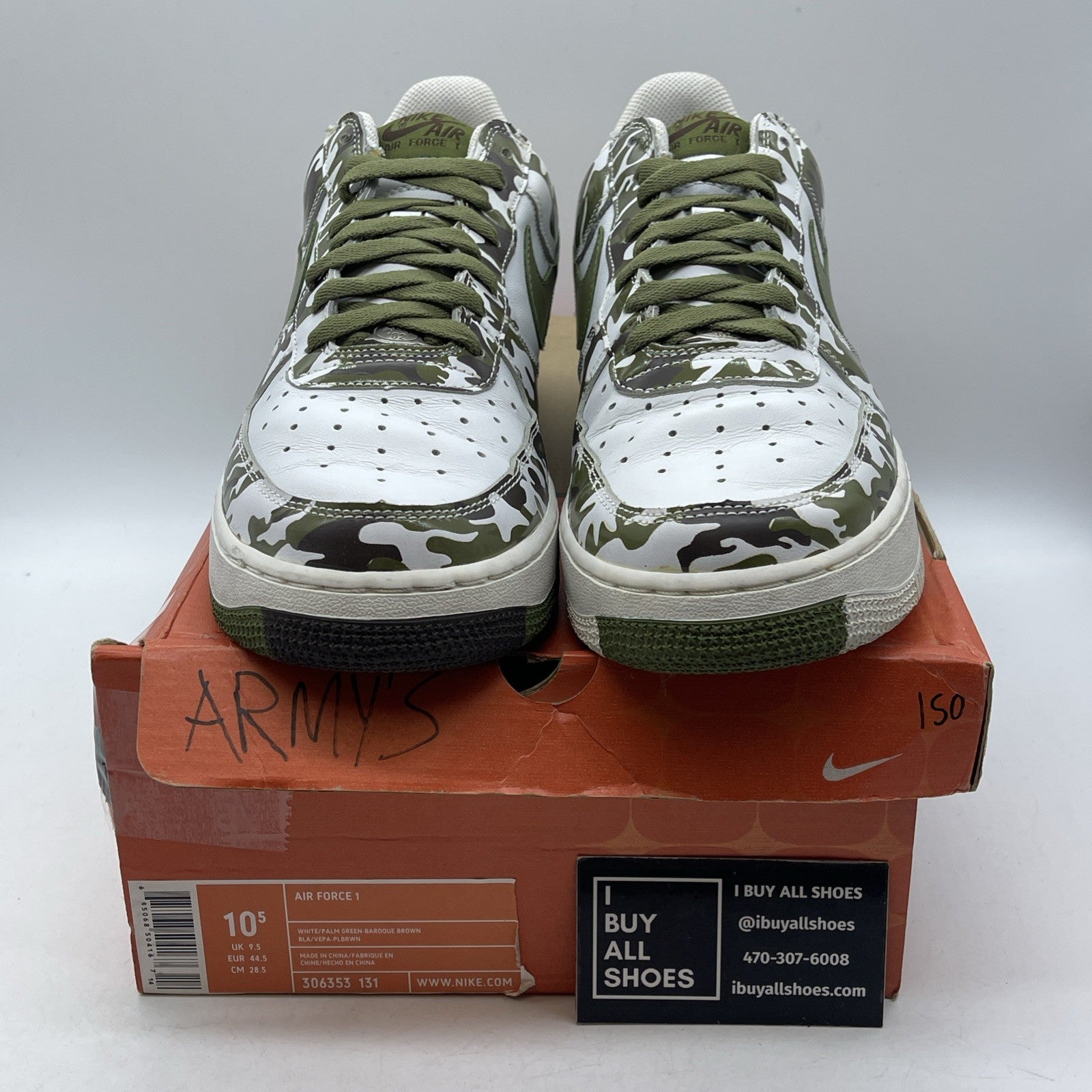 Size 10.5 - Nike Air Force 1 Camo White Green Leather (306353-131)