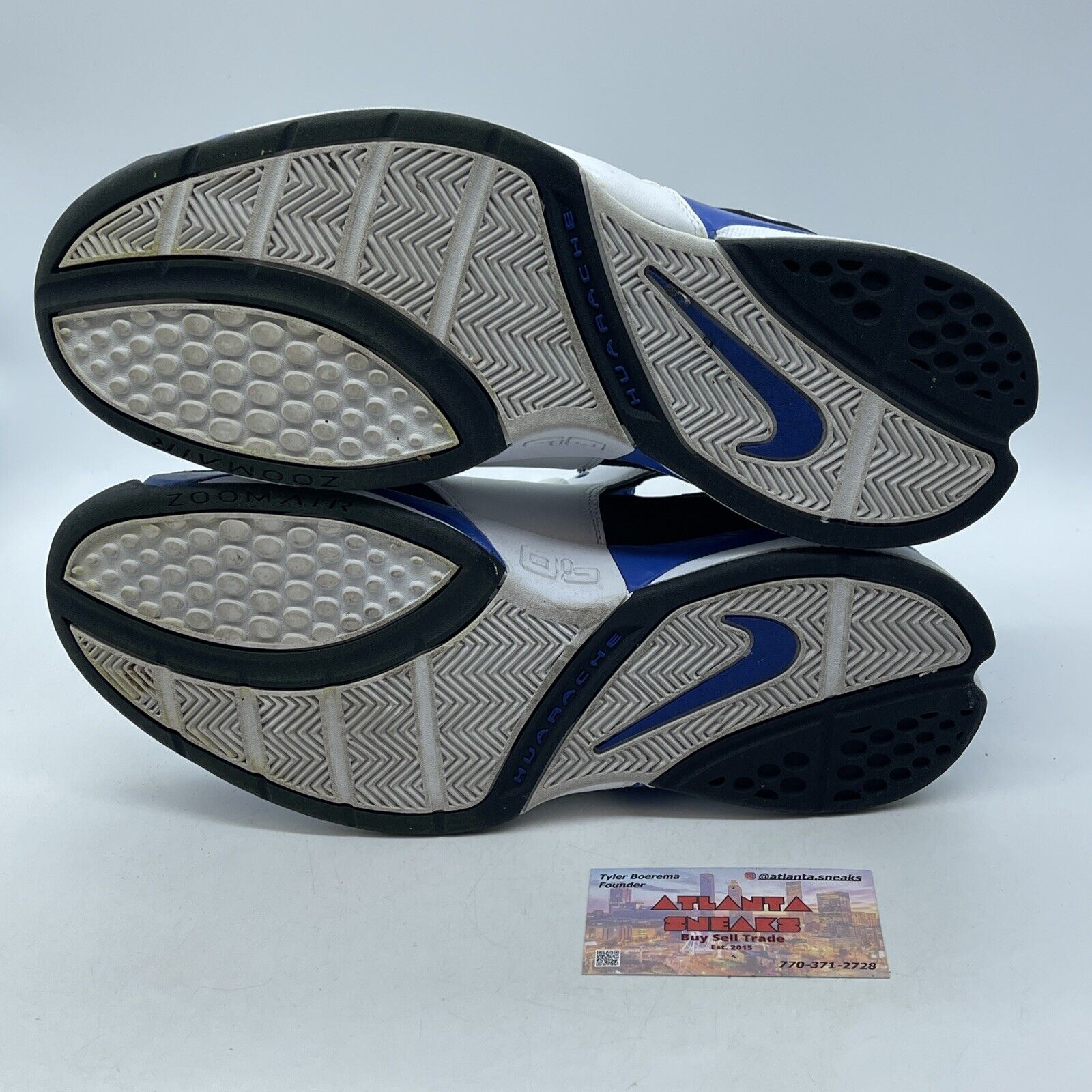 Size 11 - VINTAGE NIKE AIR HUARACHE White Black Blue suede Leather  (313386-013)
