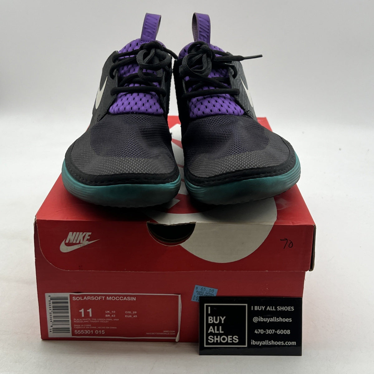 Size 11 - Nike Solarsoft Moccasin Black Turbo Green Purple (555301-015)