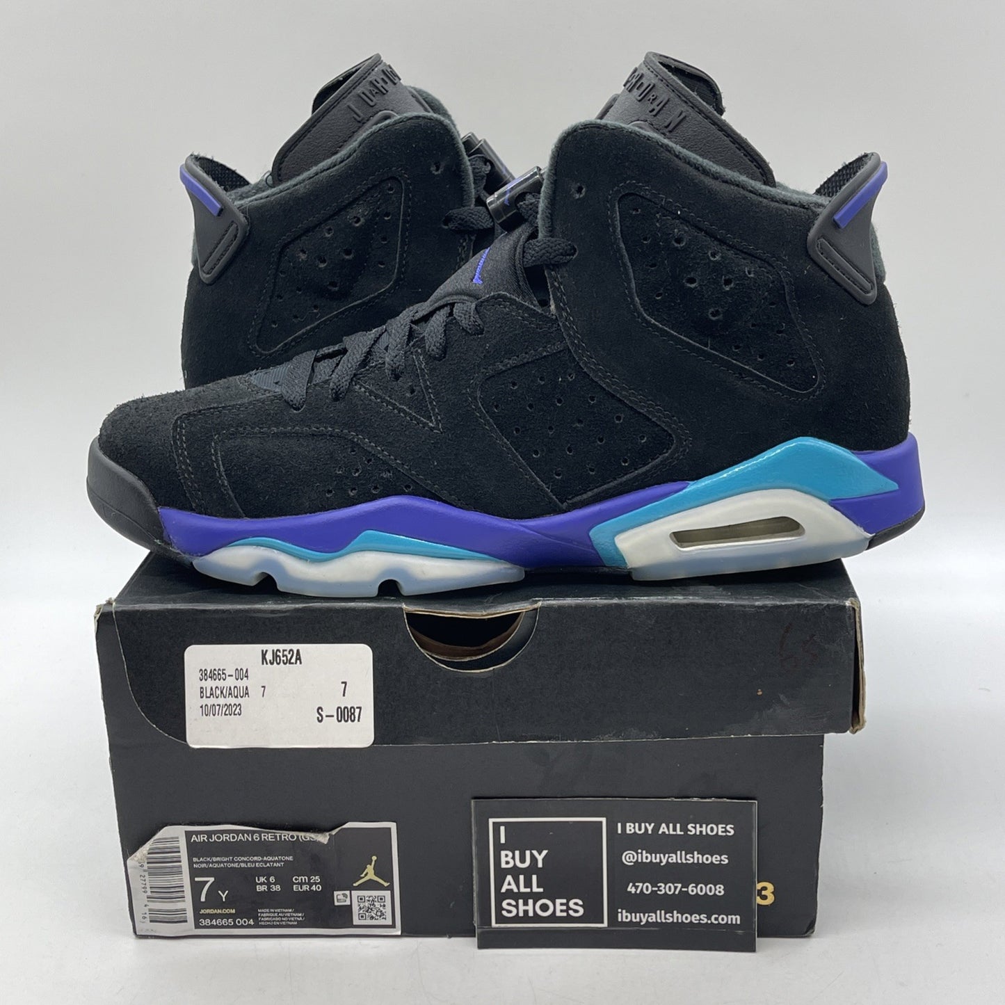 Size 7Y (GS) - Jordan 6 Retro Mid Aqua Black Blue Suede (384665-004)