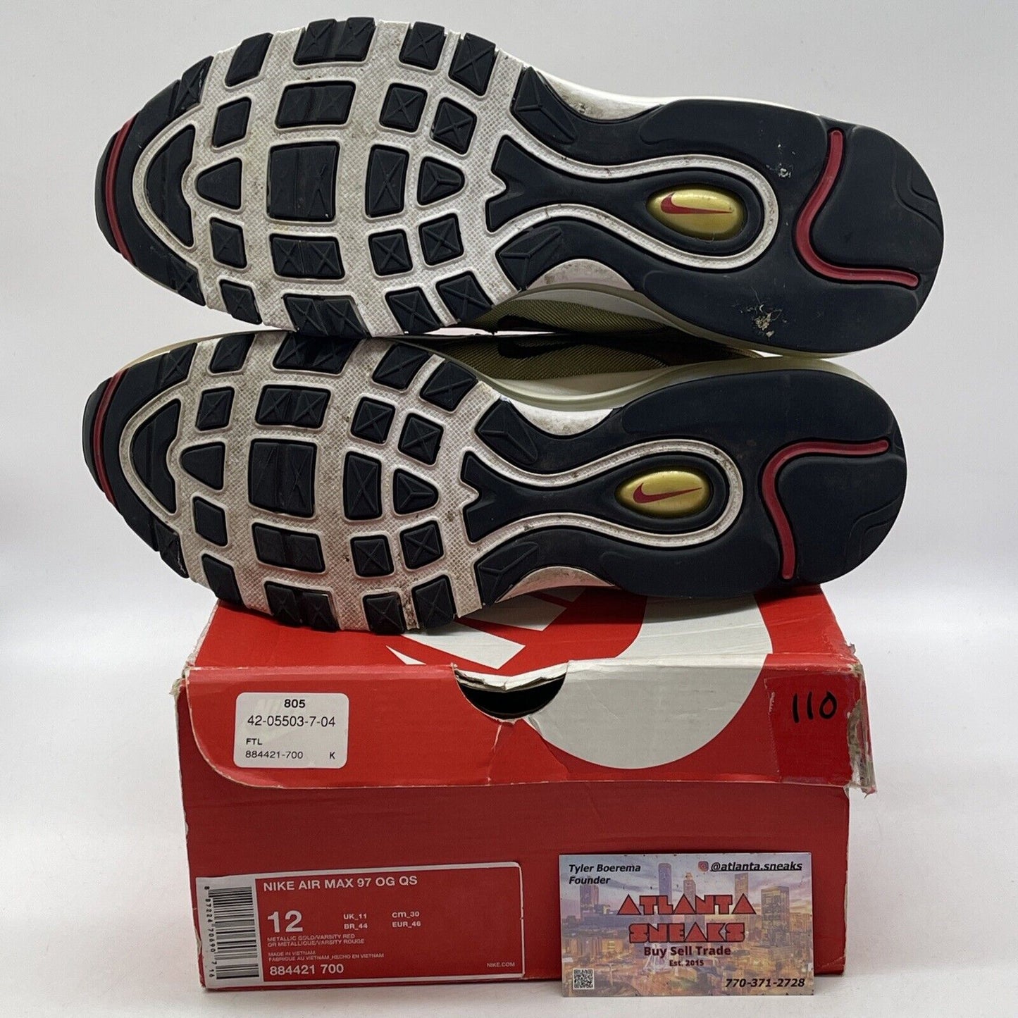 Size 12 - Nike Air Max 97 OG QS Metallic Gold White Black Red (884421-700)