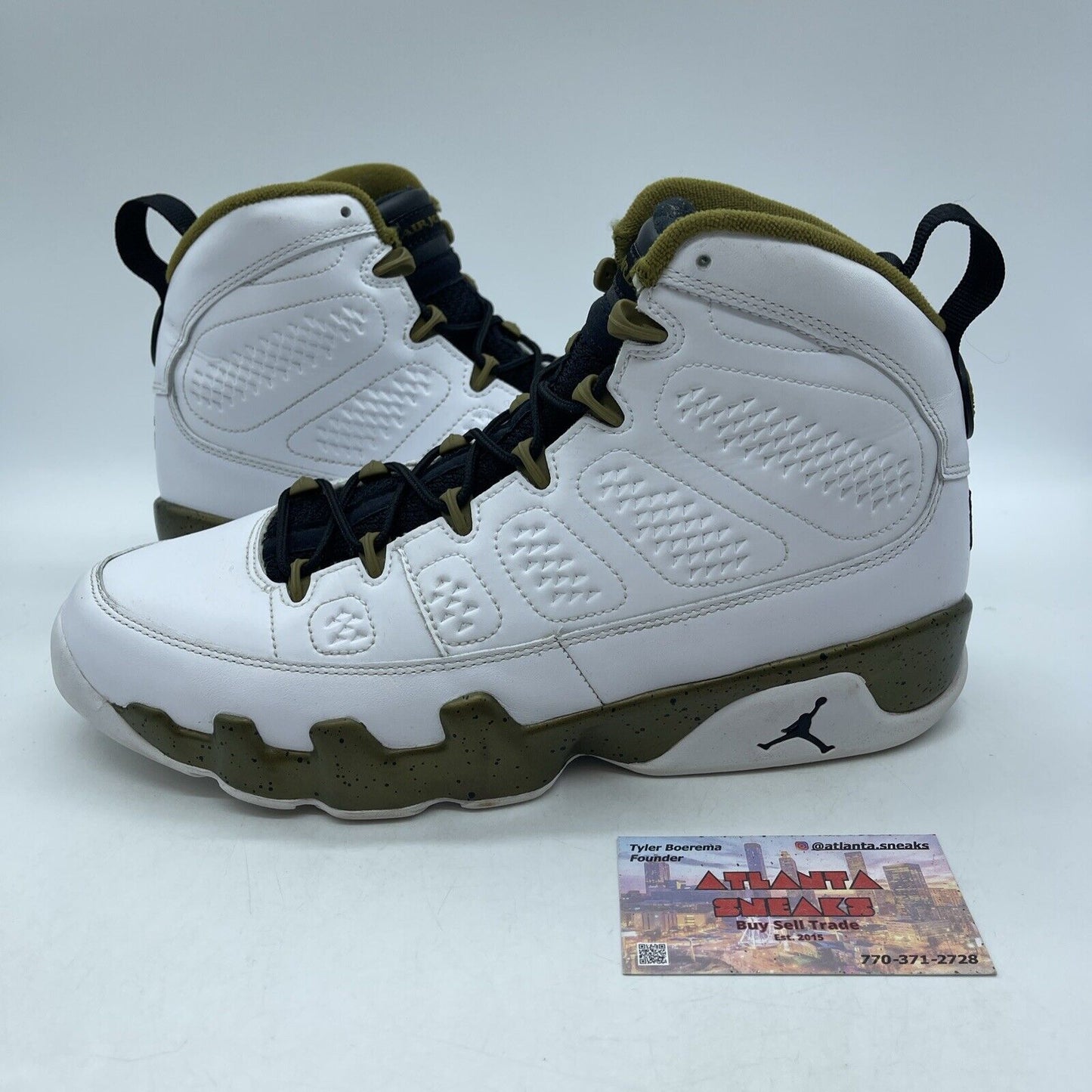 Size 10 - Air Jordan 9 Retro Statue White Black Olive Green Leather (302370-109)