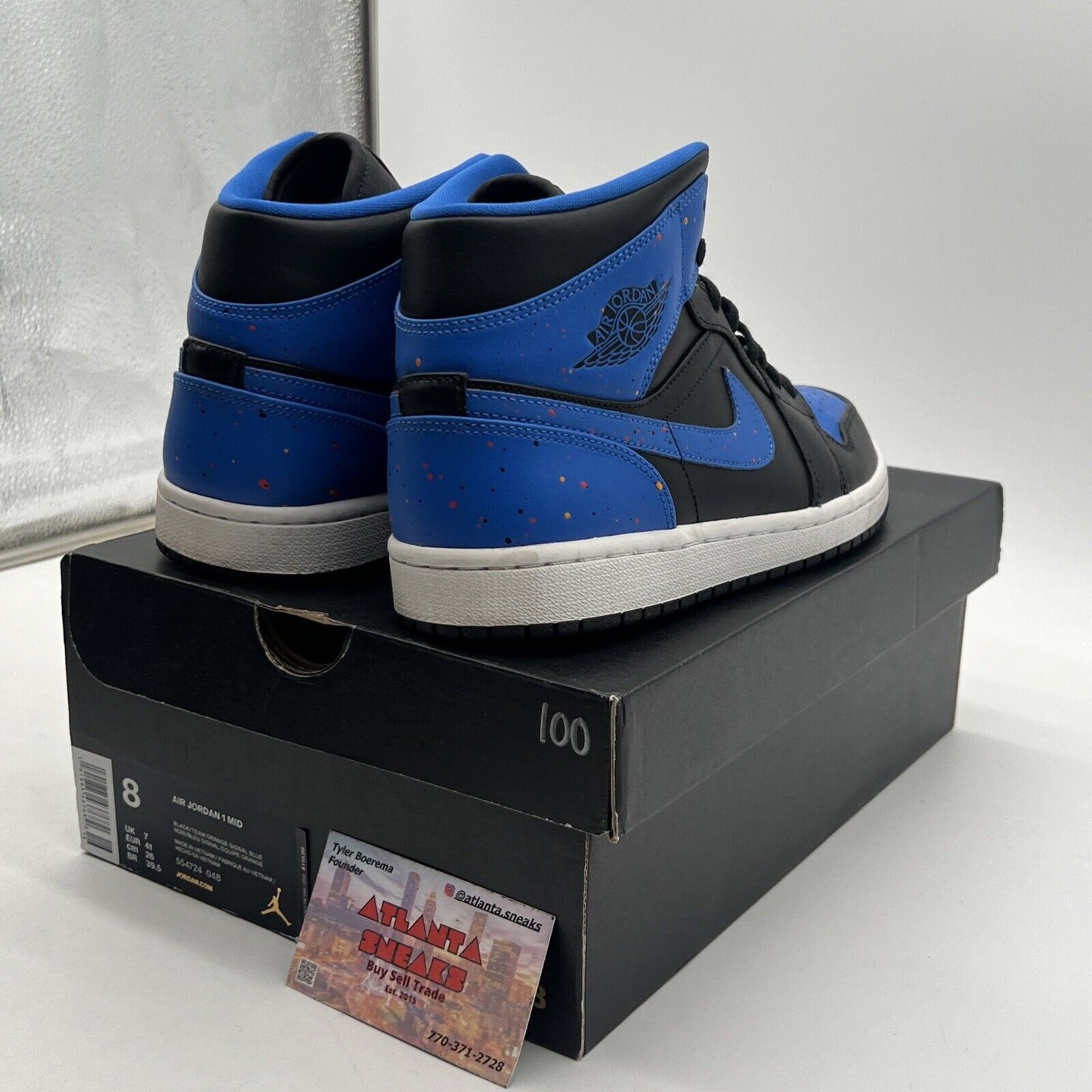 Size 8 - Air Jordan 1 Mid Royal Splatter Black Blue Leather White (554724-048)