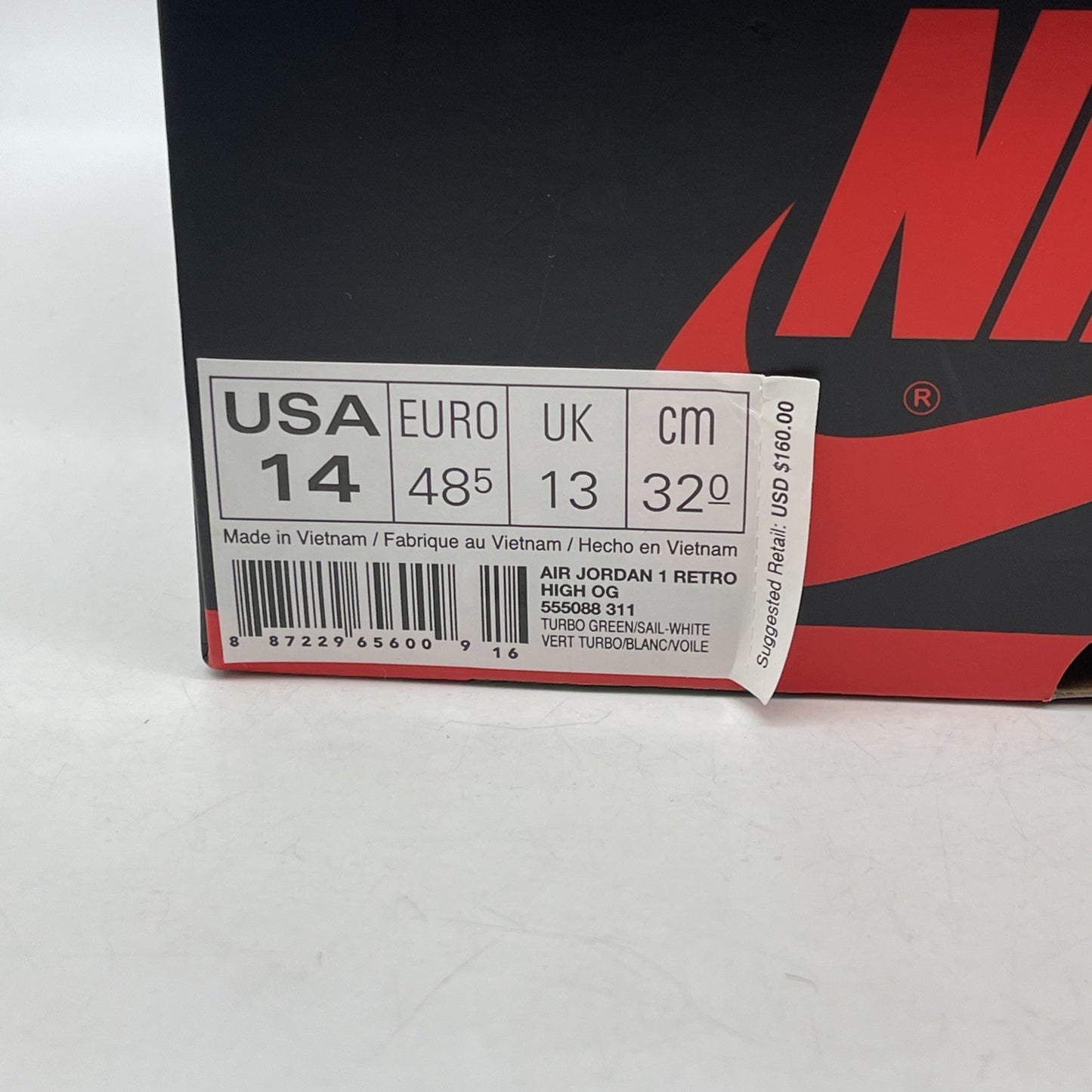Size 14 - Jordan 1 Retro OG High Turbo Green White Suede Leather (555088-311)