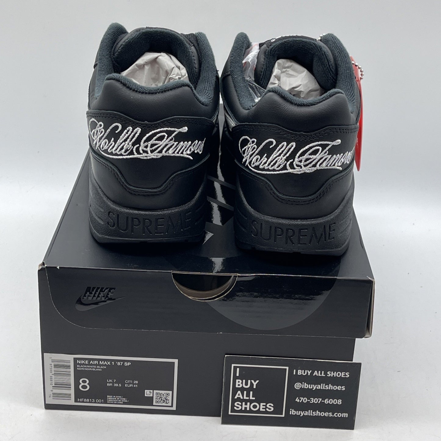 Size 8 - Nike Supreme x Air Max 1 '87 SP Black White Leather (HF8813-001)