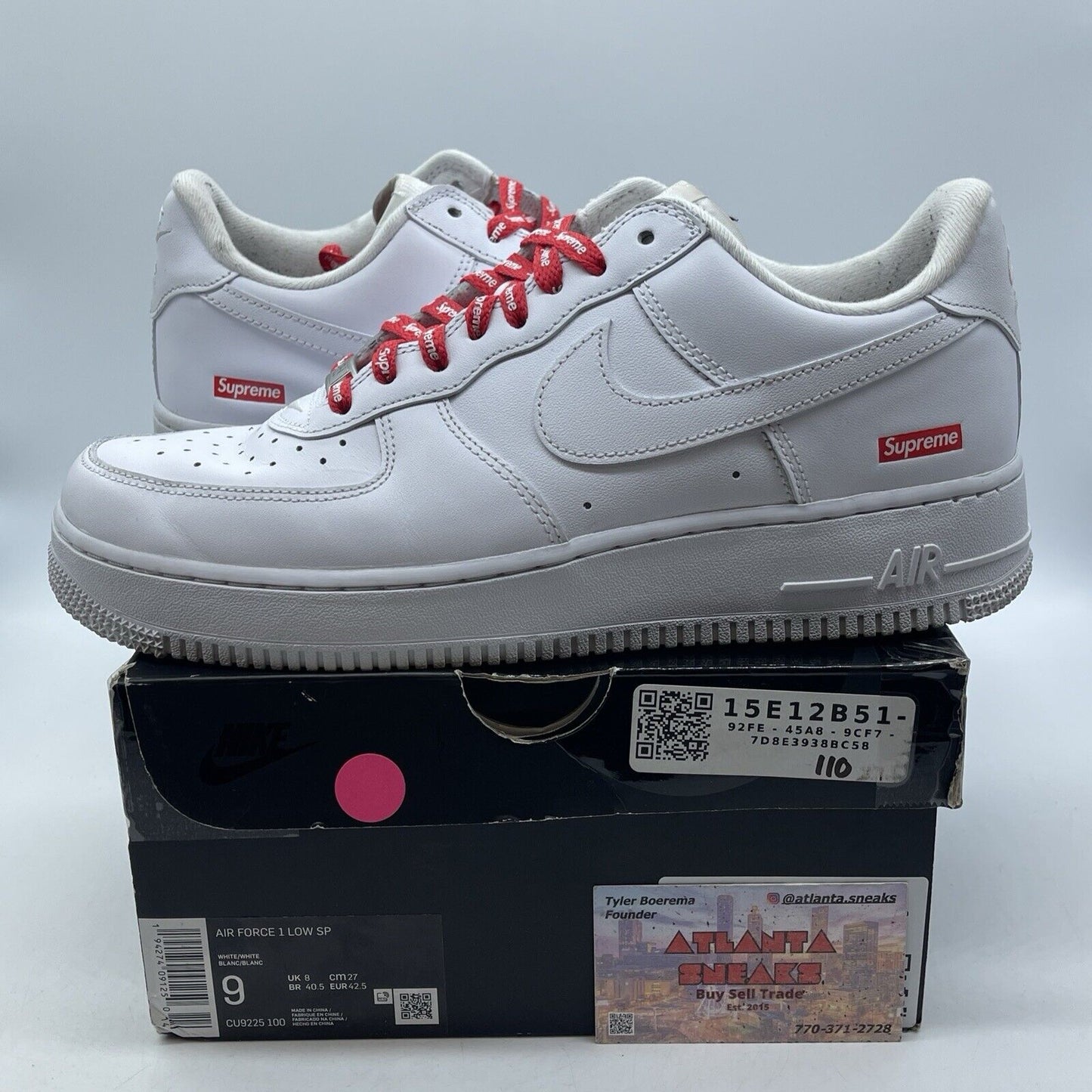 Size 9 - Nike Air Force 1 x Supreme Low Box Logo - White Red Leather (CU9225-100