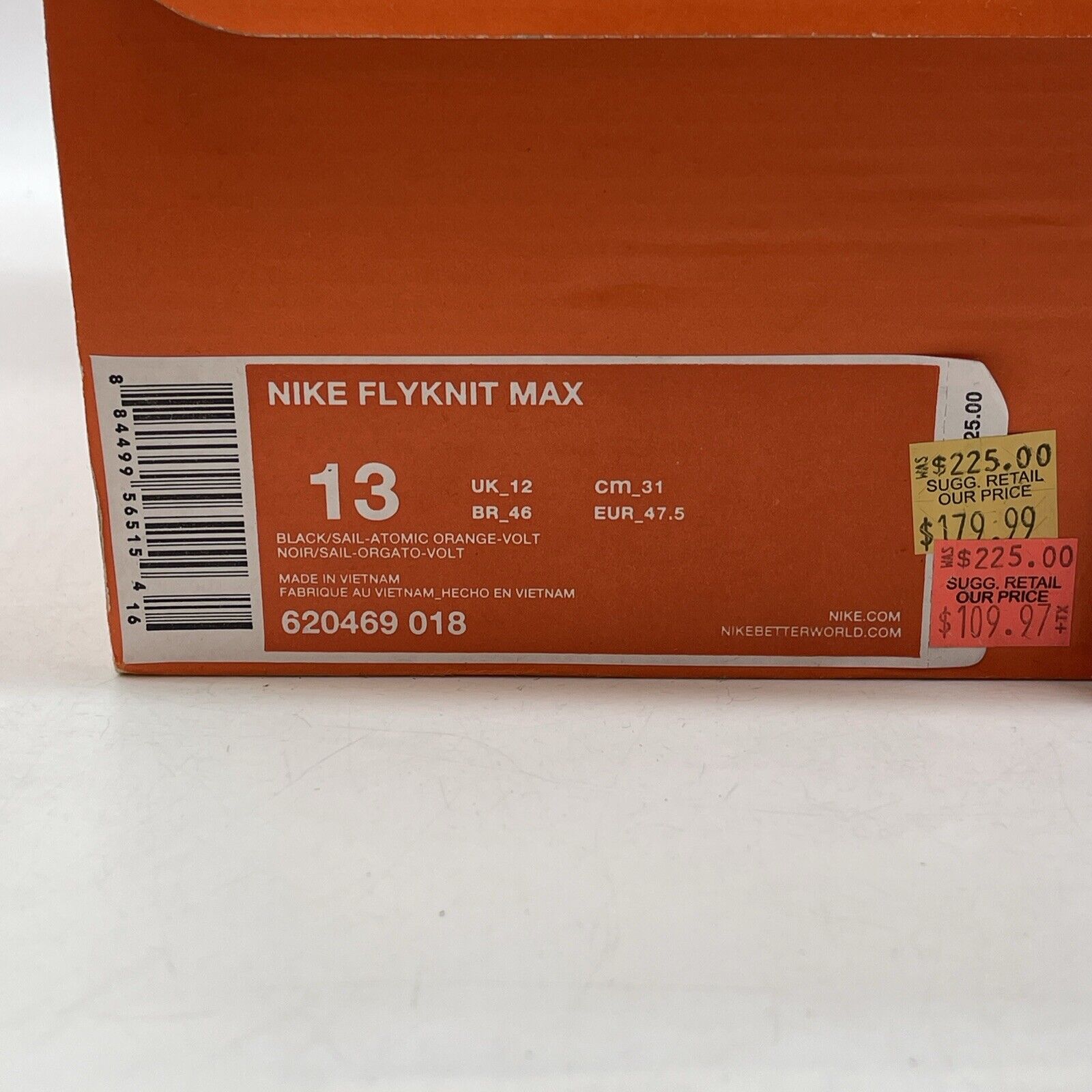 Size 13 - Nike Flyknit Max Black Orange White Neon Yellow Suede (620469-018)
