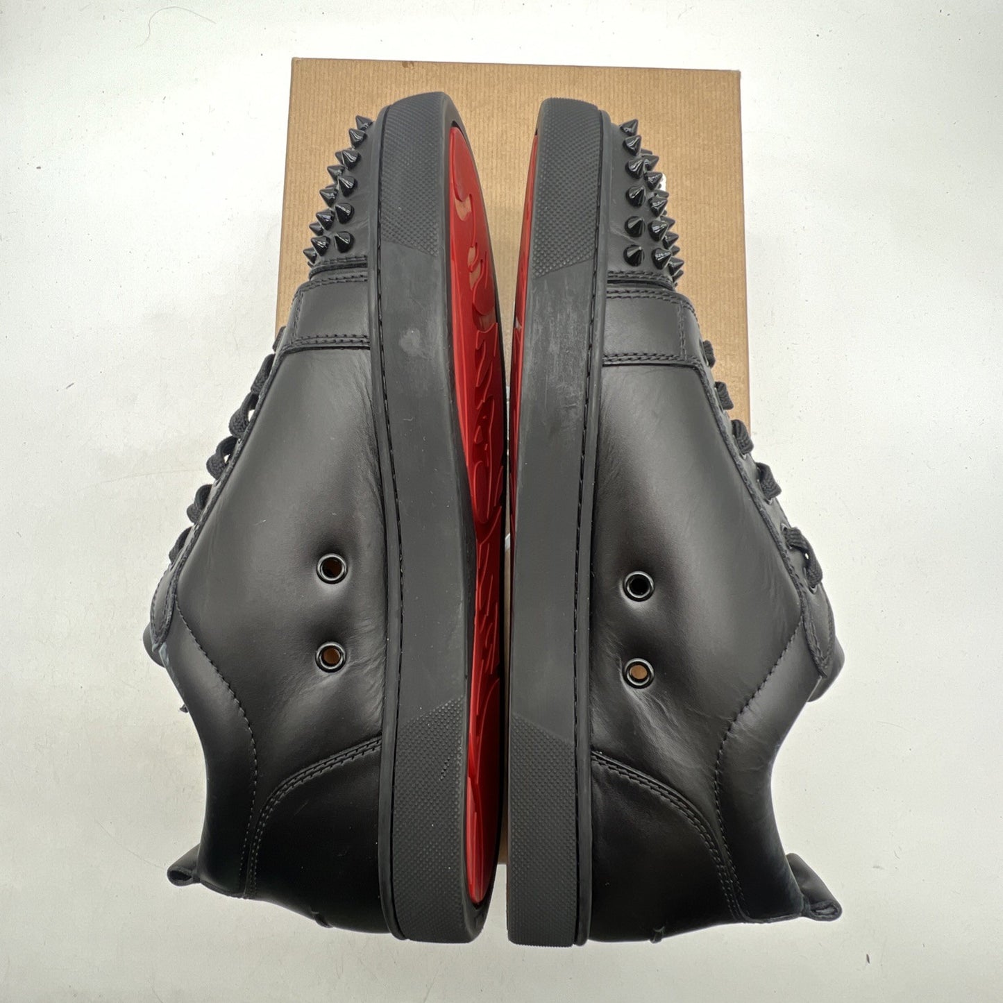 Size 43 -Christian Louboutin Black Leather Louis Junior Spikes Low Top Sneakers