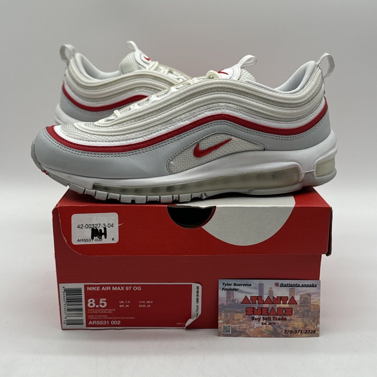 Nike Airmax 97 Mens Size 8.5 Red 2018 AR5531-002 Pure Platinum White Netting OG