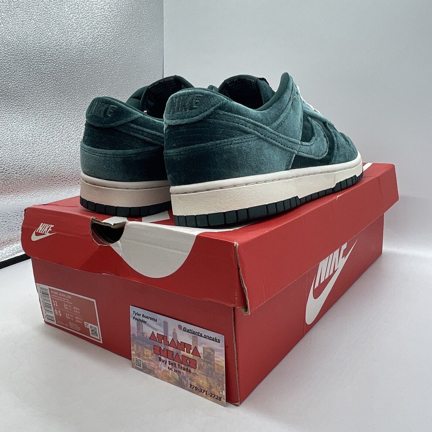 Size 11W - Nike Dunk Low Green Velvet Blue White Suede (DZ5224-300)