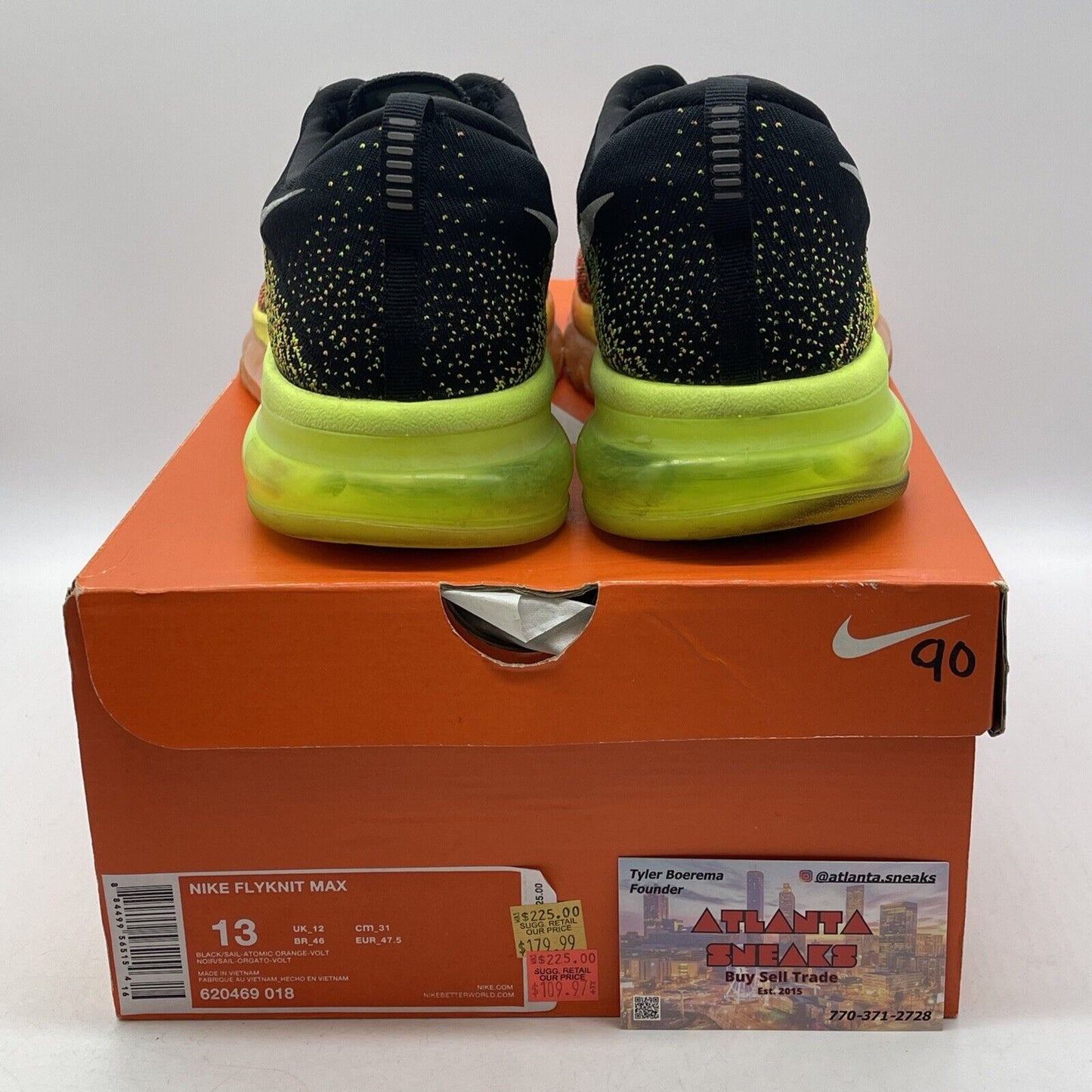 Size 13 - Nike Flyknit Max Black Orange White Neon Yellow Suede (620469-018)