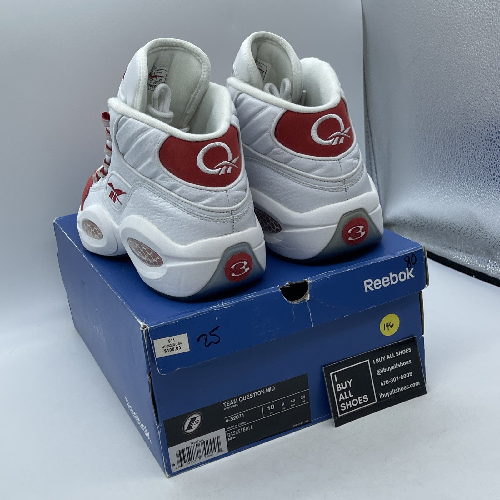 Size 10 - Reebok Question Mid White Red Leather Suede (4-52071)