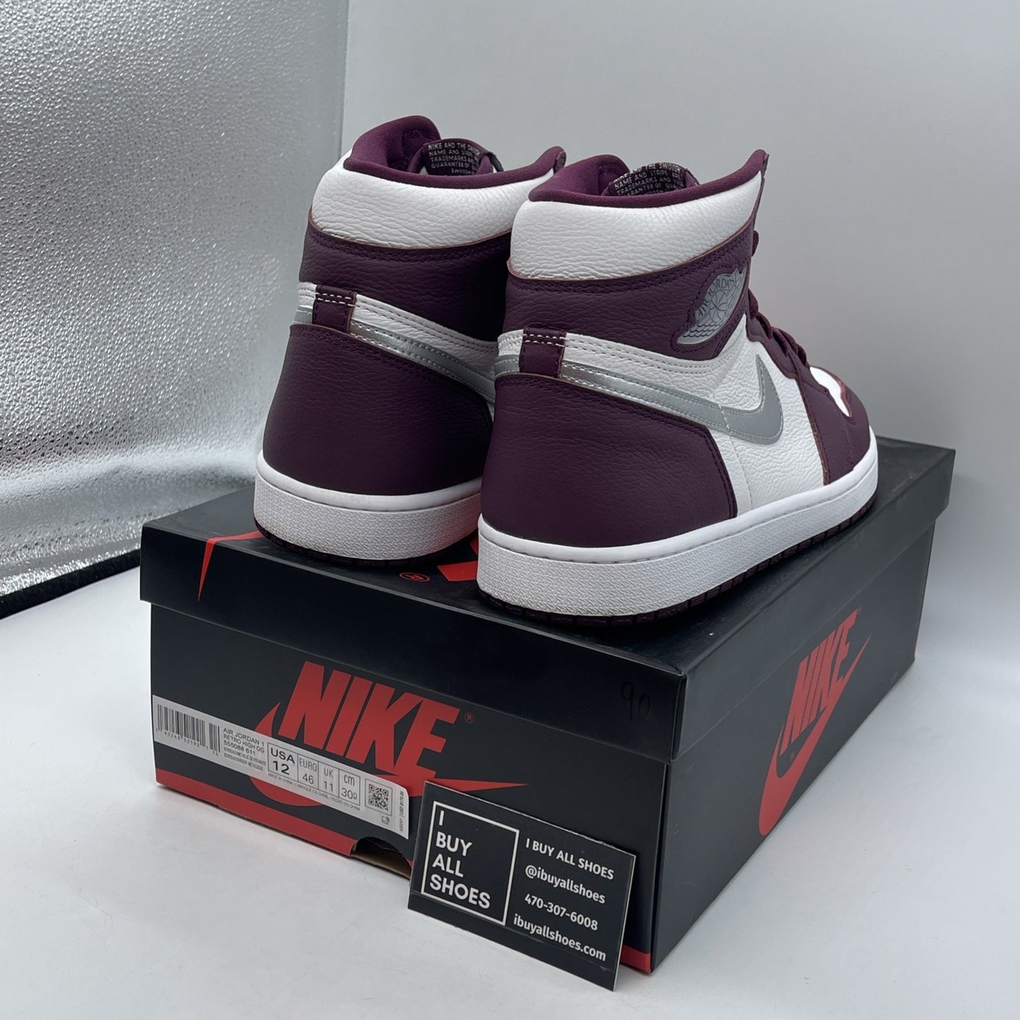 Size 12 - Jordan 1 Retro High OG Bordeaux Silver White Leather (555088-611)