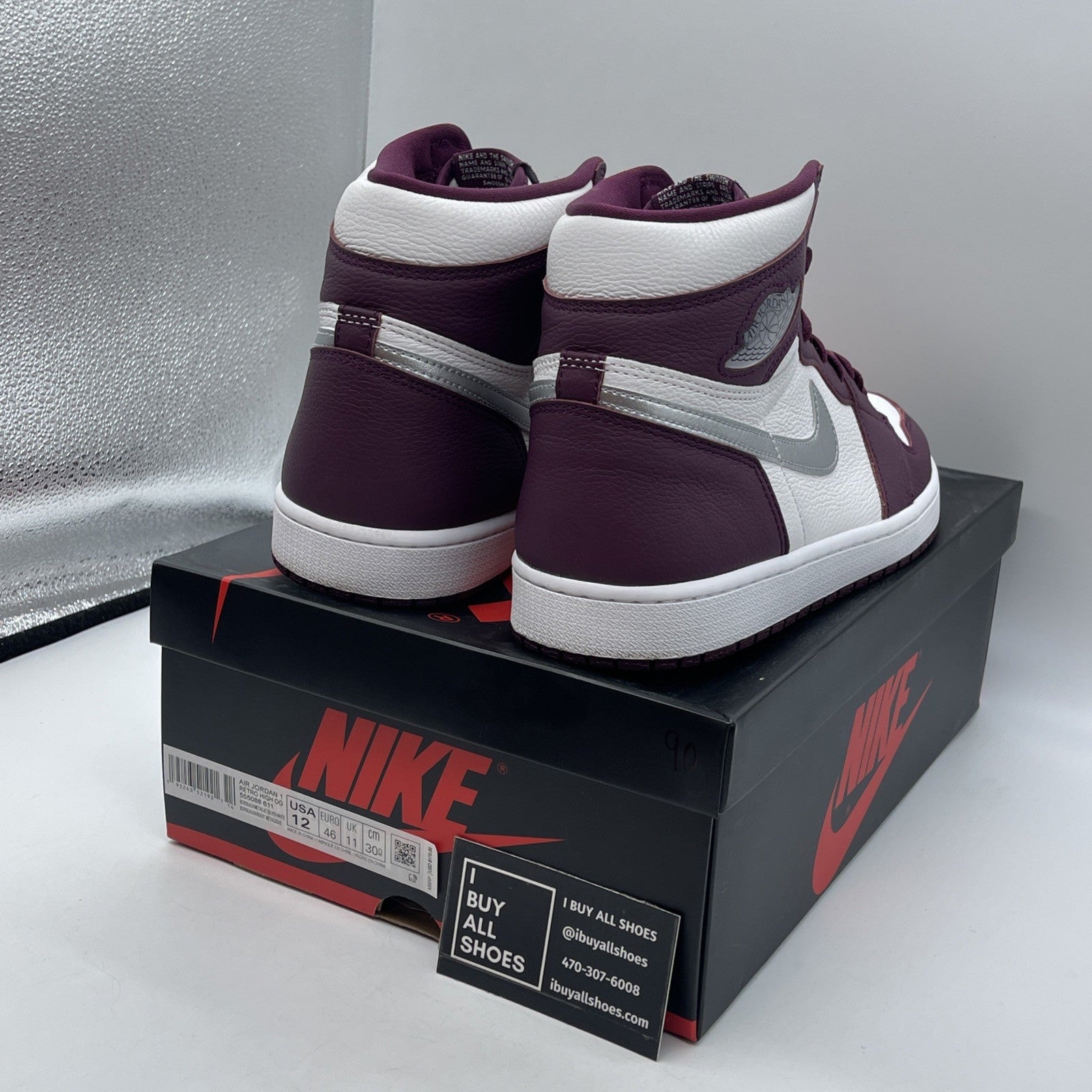 Size 12 - Jordan 1 Retro High OG Bordeaux Silver White Leather (555088-611)