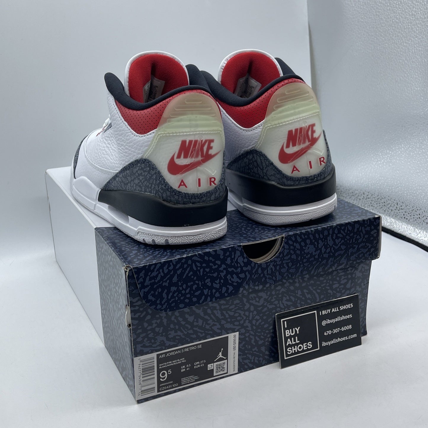 Size 9.5 - Jordan 3 Retro Denim SE Fire Red White Grey Leather (CZ6431-100)