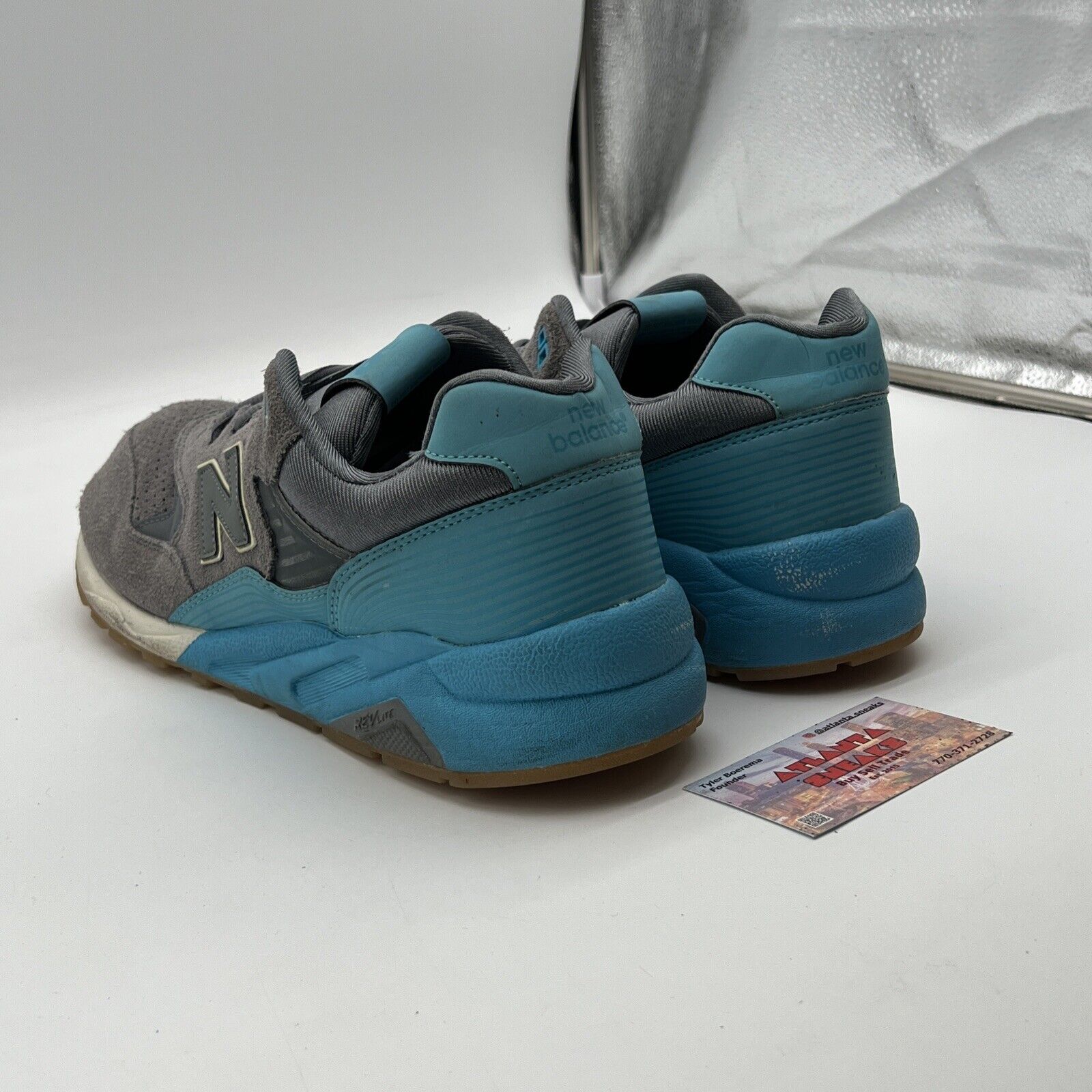 Size 13 - New Balance "580" gray and blue suede and nylon, running shoes