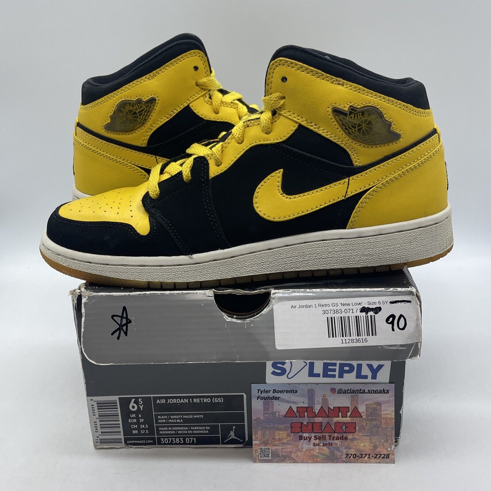 Size 6.5Y Air Jordan 1 Retro New Love Yellow Leather Black Suede (307383-071)