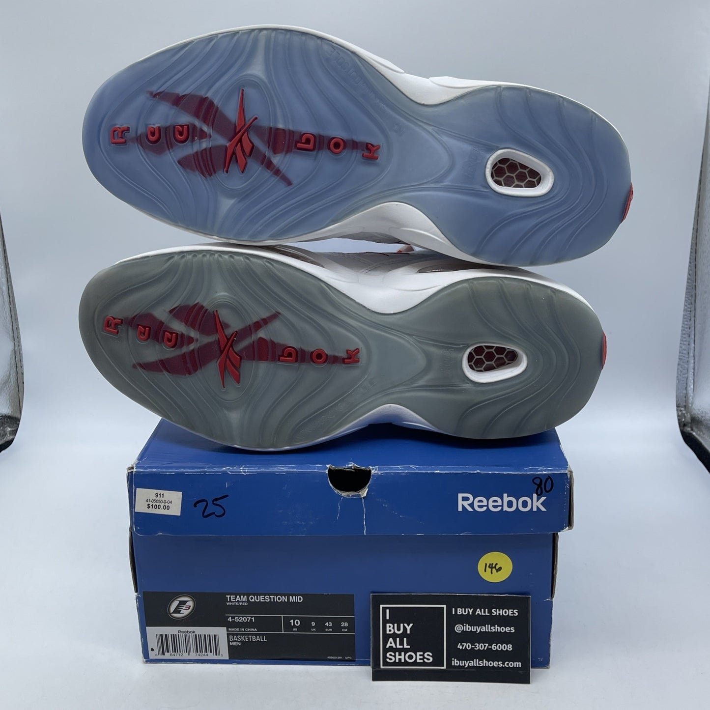 Size 10 - Reebok Question Mid White Red Leather Suede (4-52071)