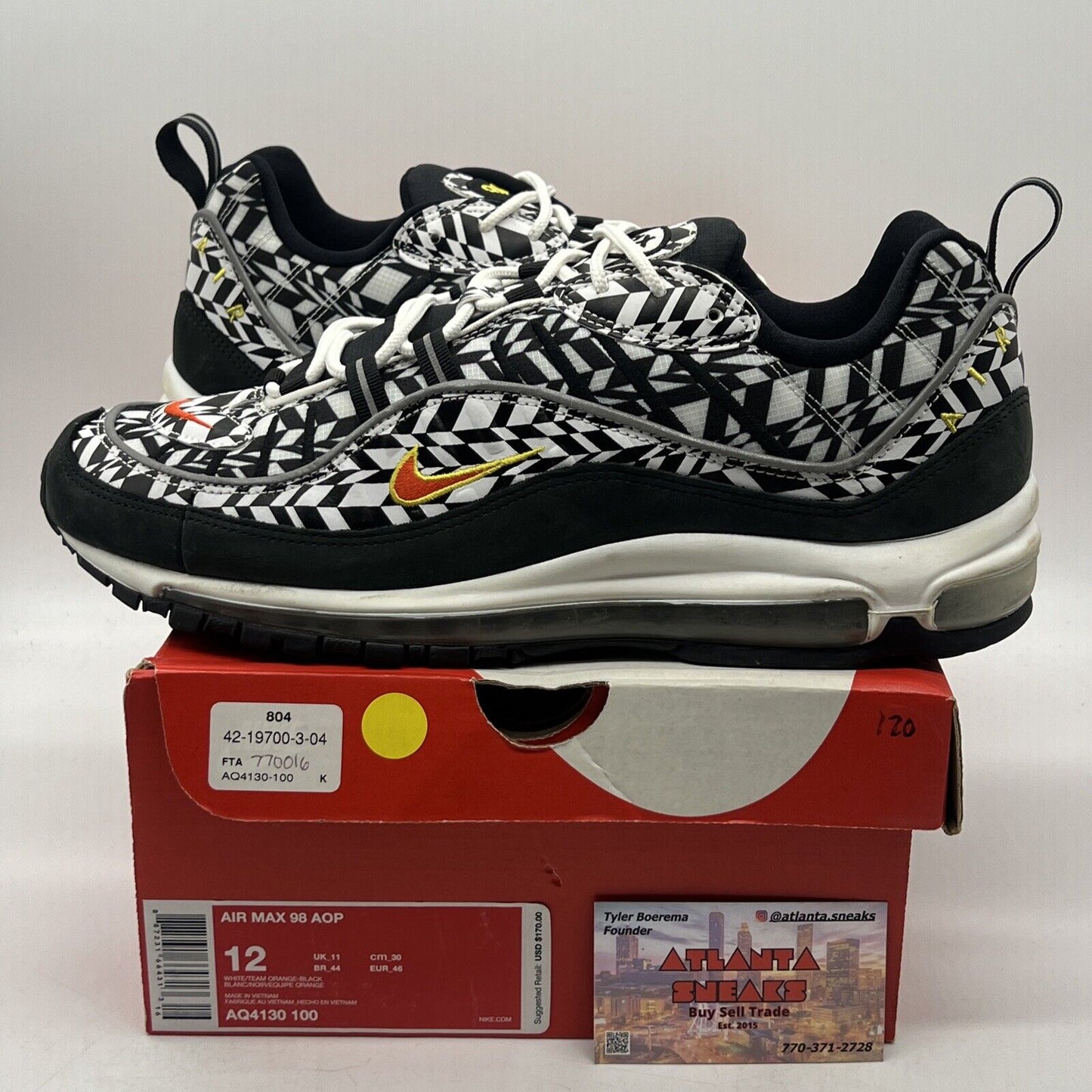 Size 12 - Nike Air Max 98 All Over Print Black White (AQ4130-100)