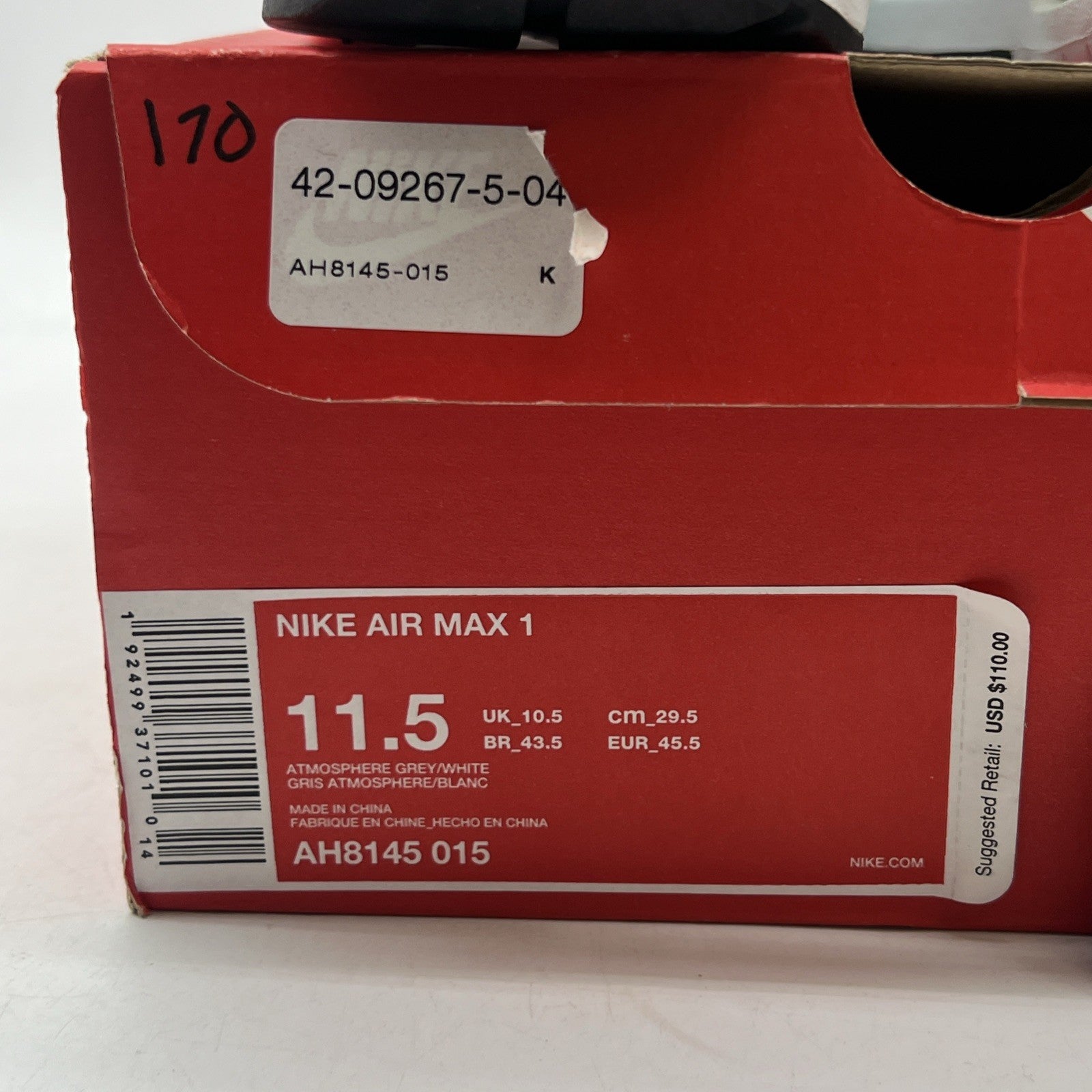 Size 11.5 - Nike Air Max 1 Grey Mint (AH8145-015)