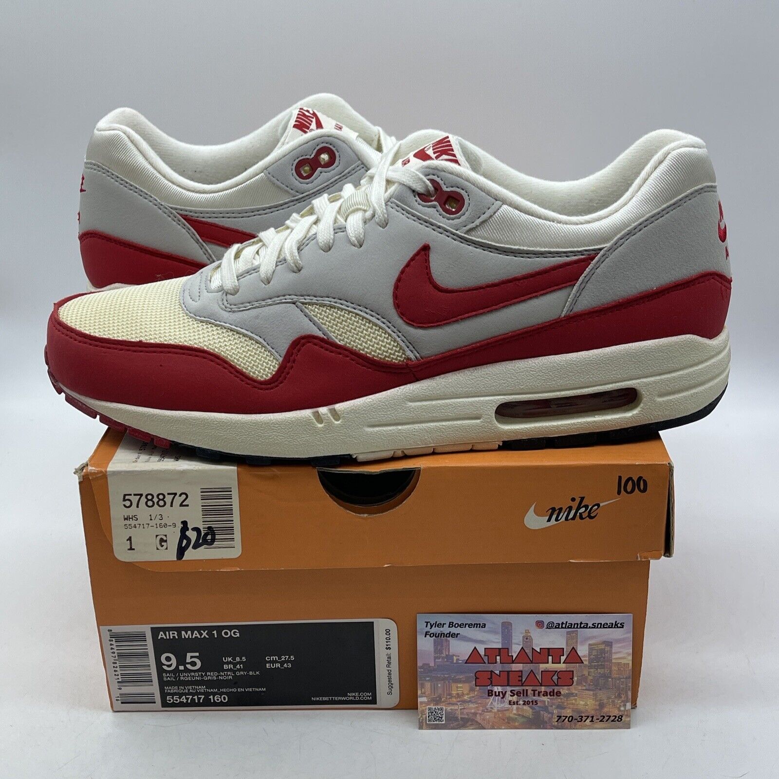 Size 9.5 - Nike Air Max 1 OG Vintage Red Grey White Suede (554717-160)
