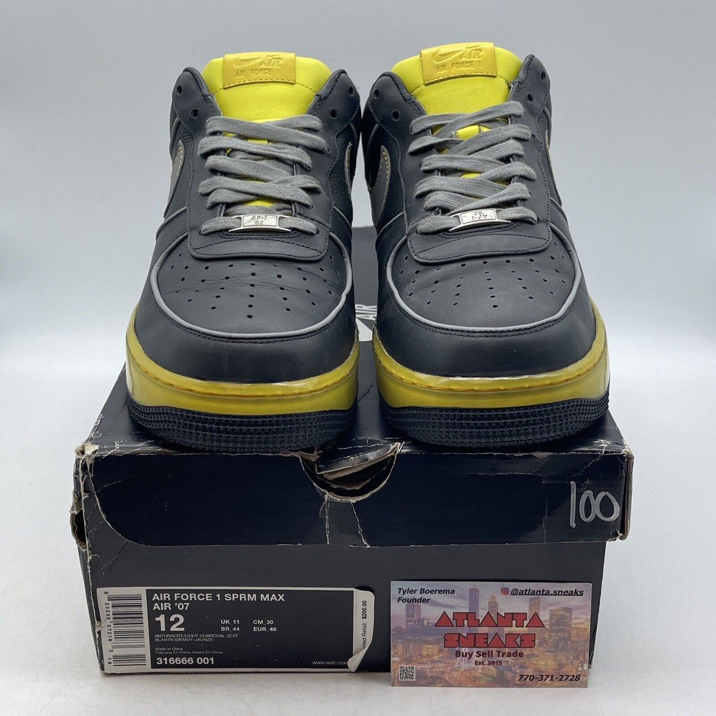 Size 12 - Nike Air Force 1 Supreme Max Air 07 Charcoal Zest Yellow (316666-001)