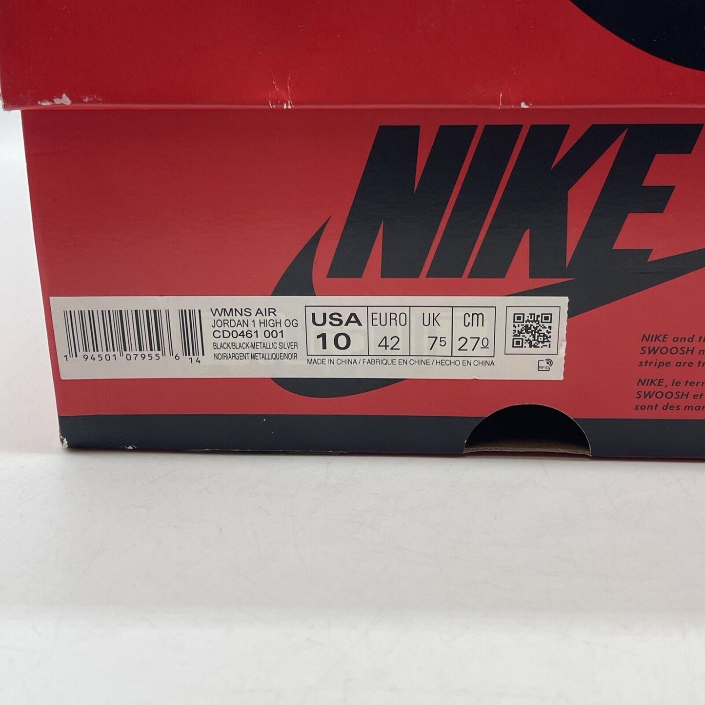 Size 10 - Jordan 1 High OG Metallic Silver Black White (CD0461-001)