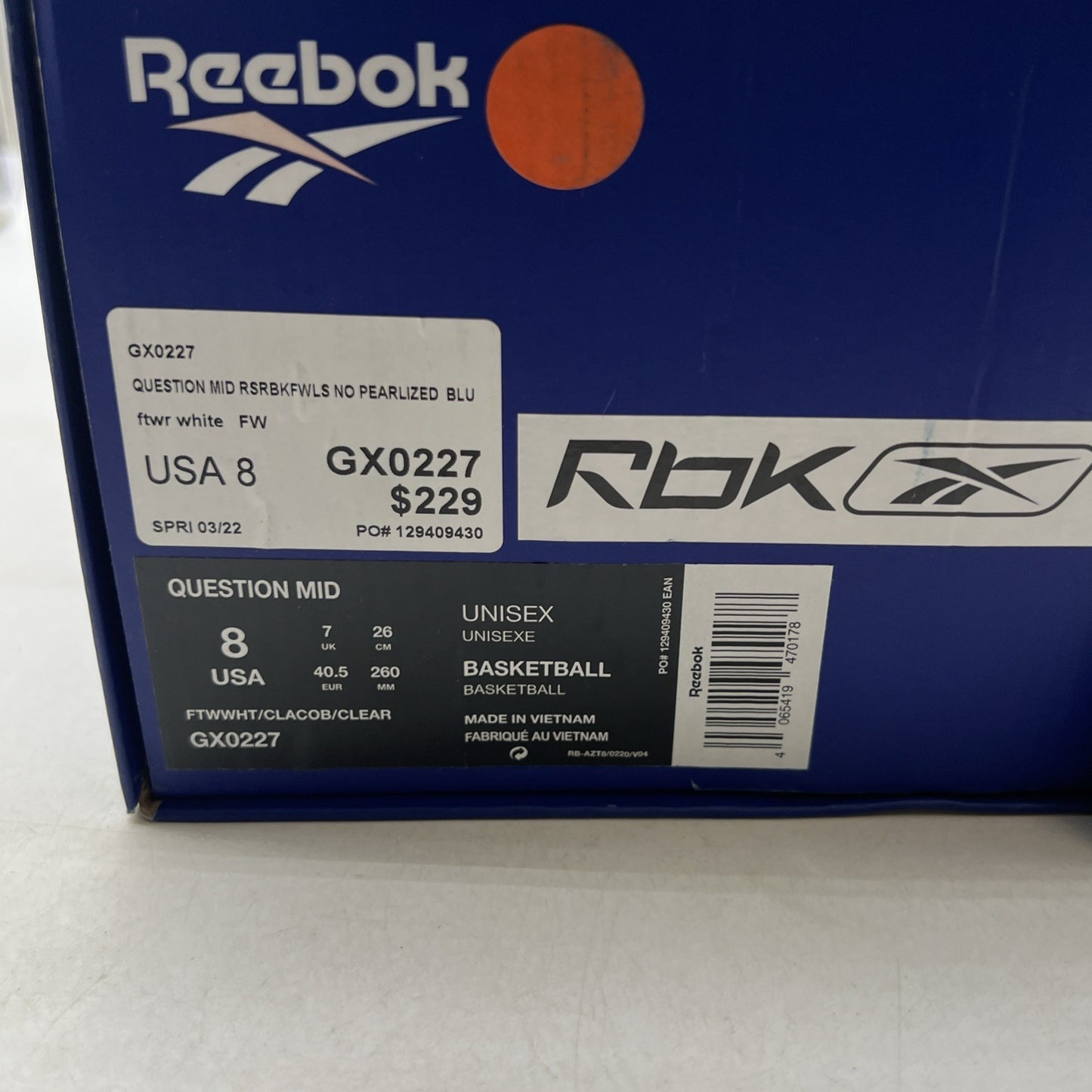 Size 8 - Reebok Question 2022 Mid Blue Toe (GX0227)