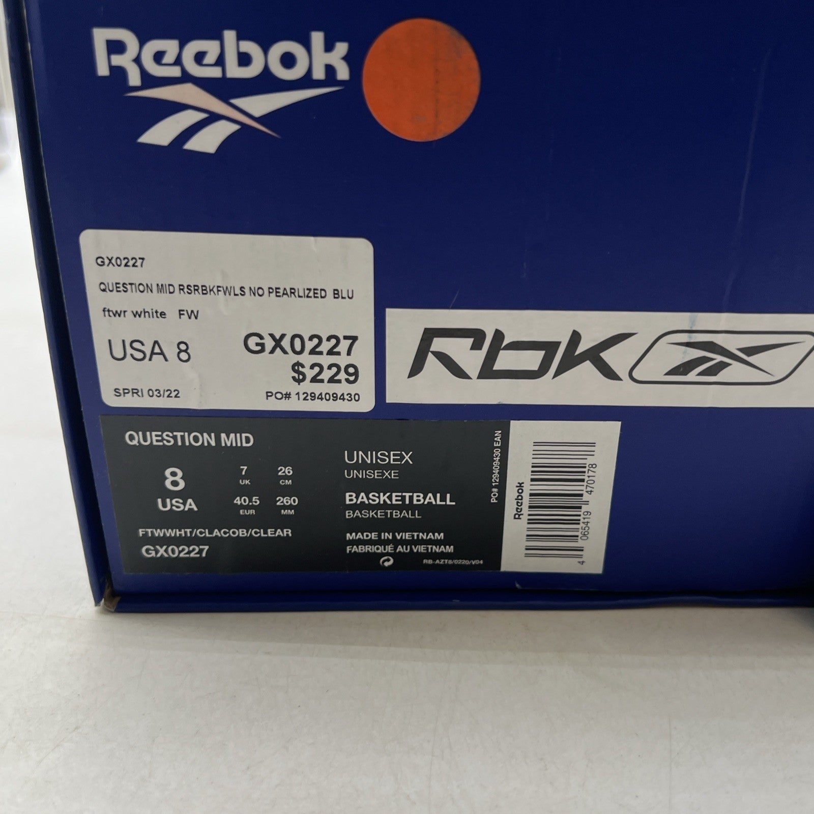 Size 8 - Reebok Question 2022 Mid Blue Toe (GX0227)