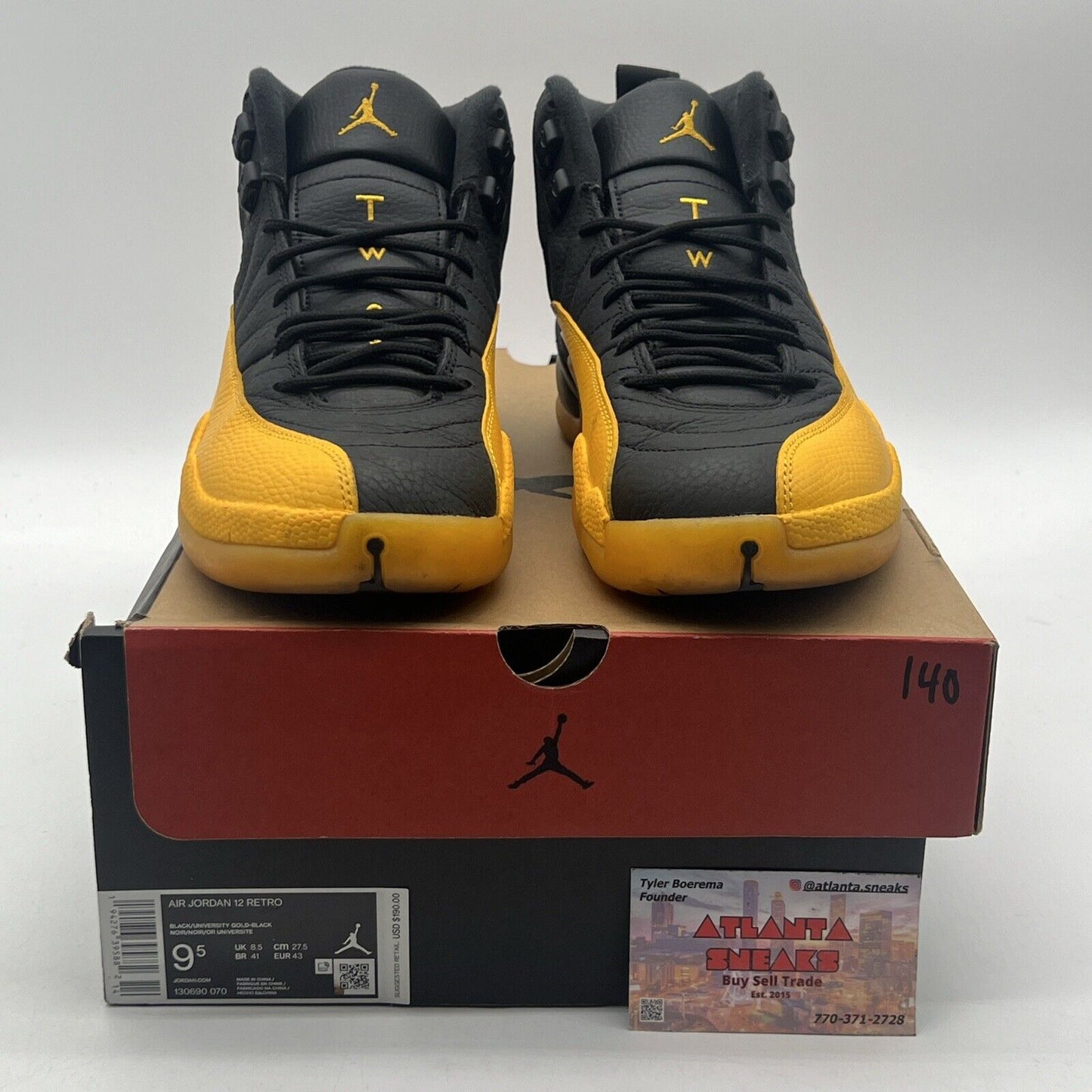 Size 9.5 - Jordan 12 Retro University Gold 2020 Black Leather (130690-070)