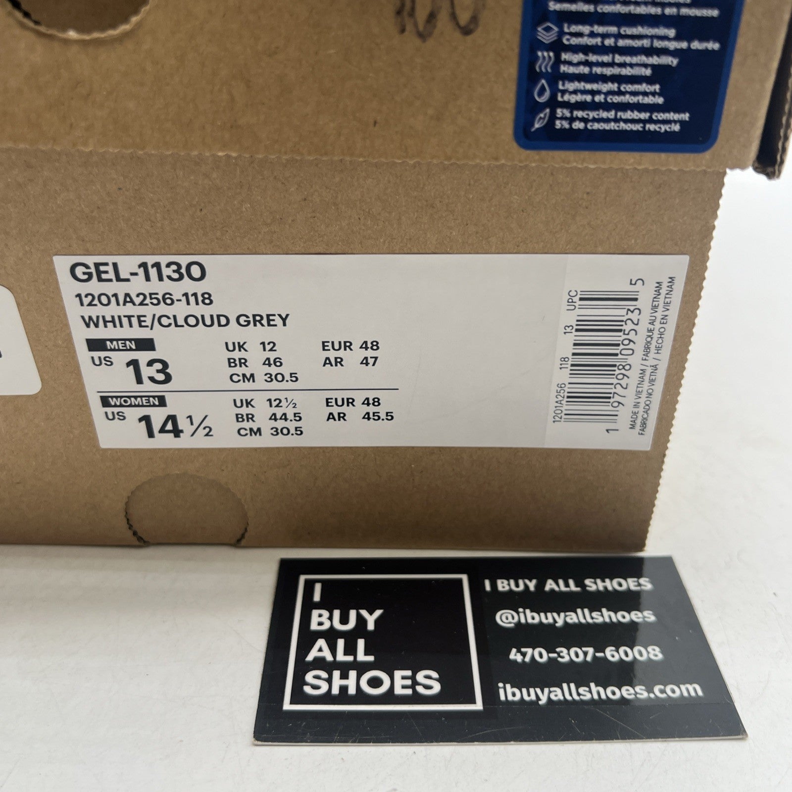 Size 13 - ASICS Gel 1130 White Cloud Grey (1201A256-118)