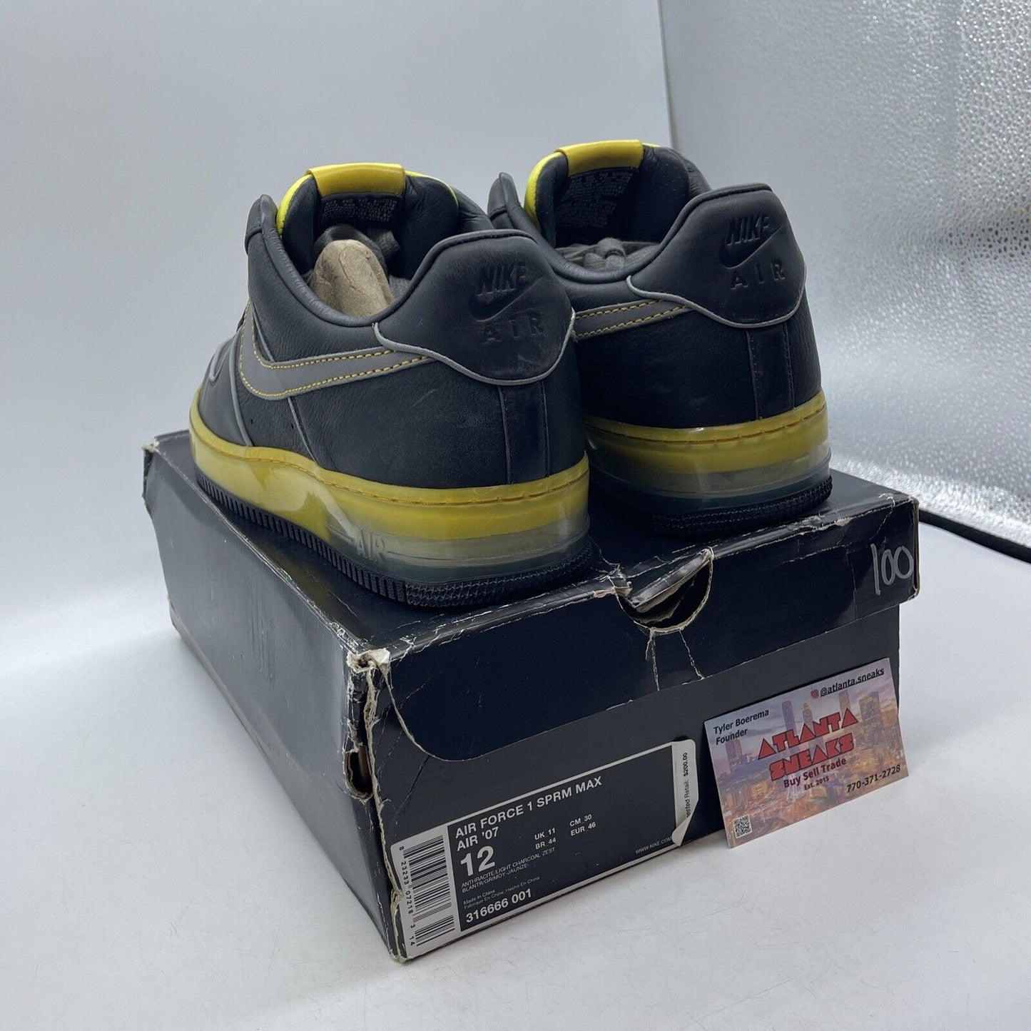 Size 12 - Nike Air Force 1 Supreme Max Air 07 Charcoal Zest Yellow (316666-001)