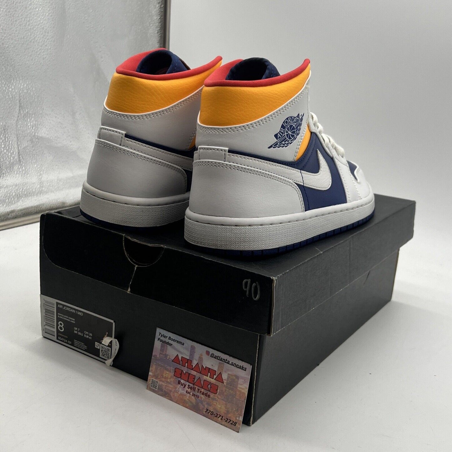 Size 8 - Air Jordan 1 Mid White Deep Royal Blue Leather Yellow (554724-131)