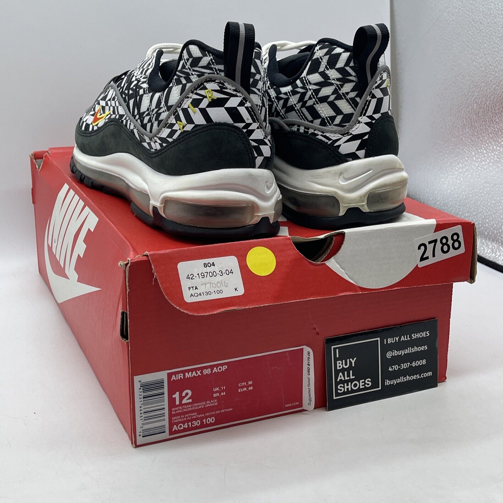 Size 12 - Nike Air Max 98 All Over Print Black White Suede Leather (AQ4130-100(