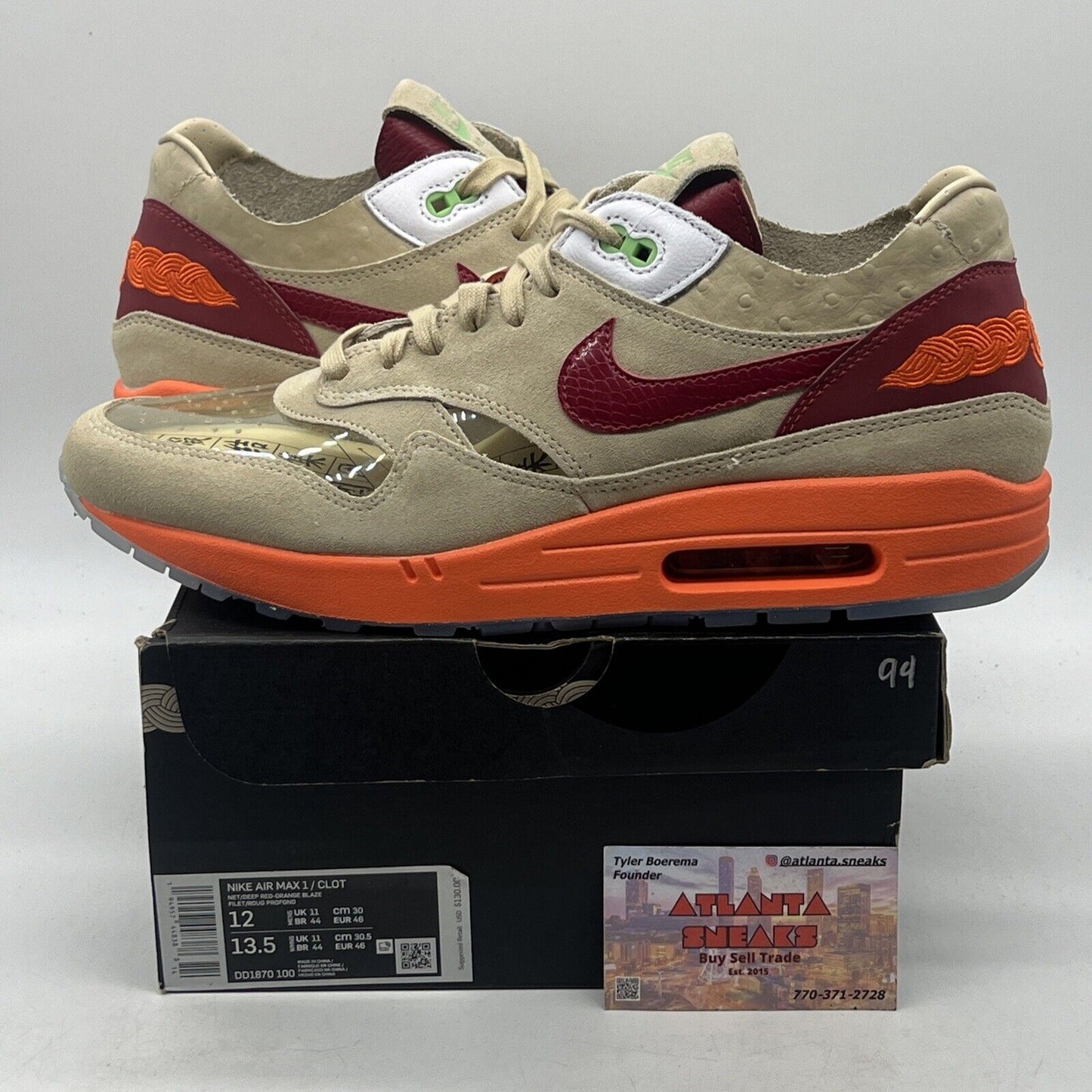 Size 12 - Nike CLOT x Air Max 1 2021 Kiss of Death Orange Red Suede (DD1870-100)
