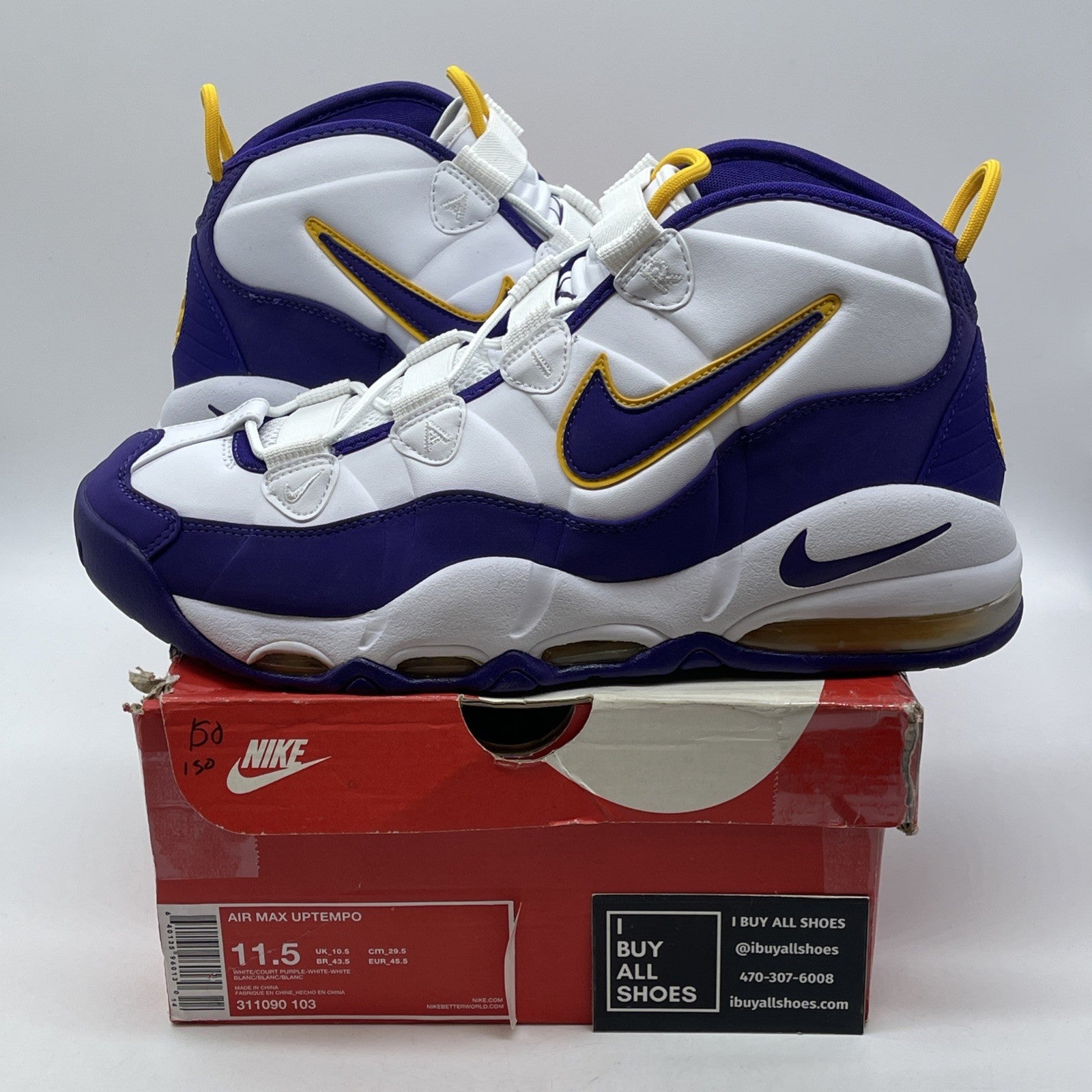 Size 11.5 - Nike Air Max Uptempo Los Angeles Lakers White Purple (311090-103)